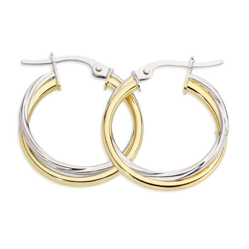 9ct Yellow and White Gold Double Tube Hoop Earrings, 15mm