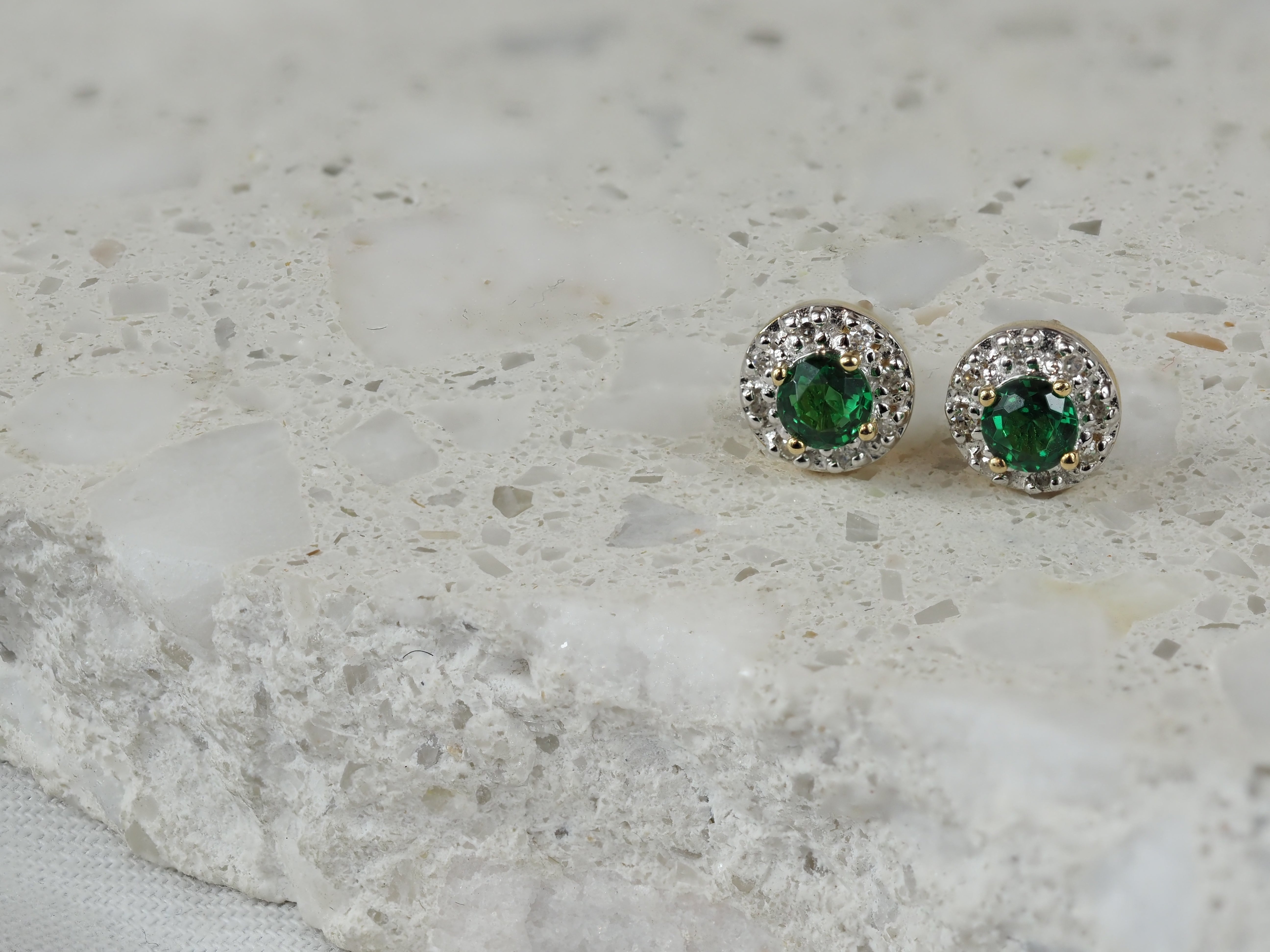 9ct Yellow Gold Emerald and Diamond Stud Earrings