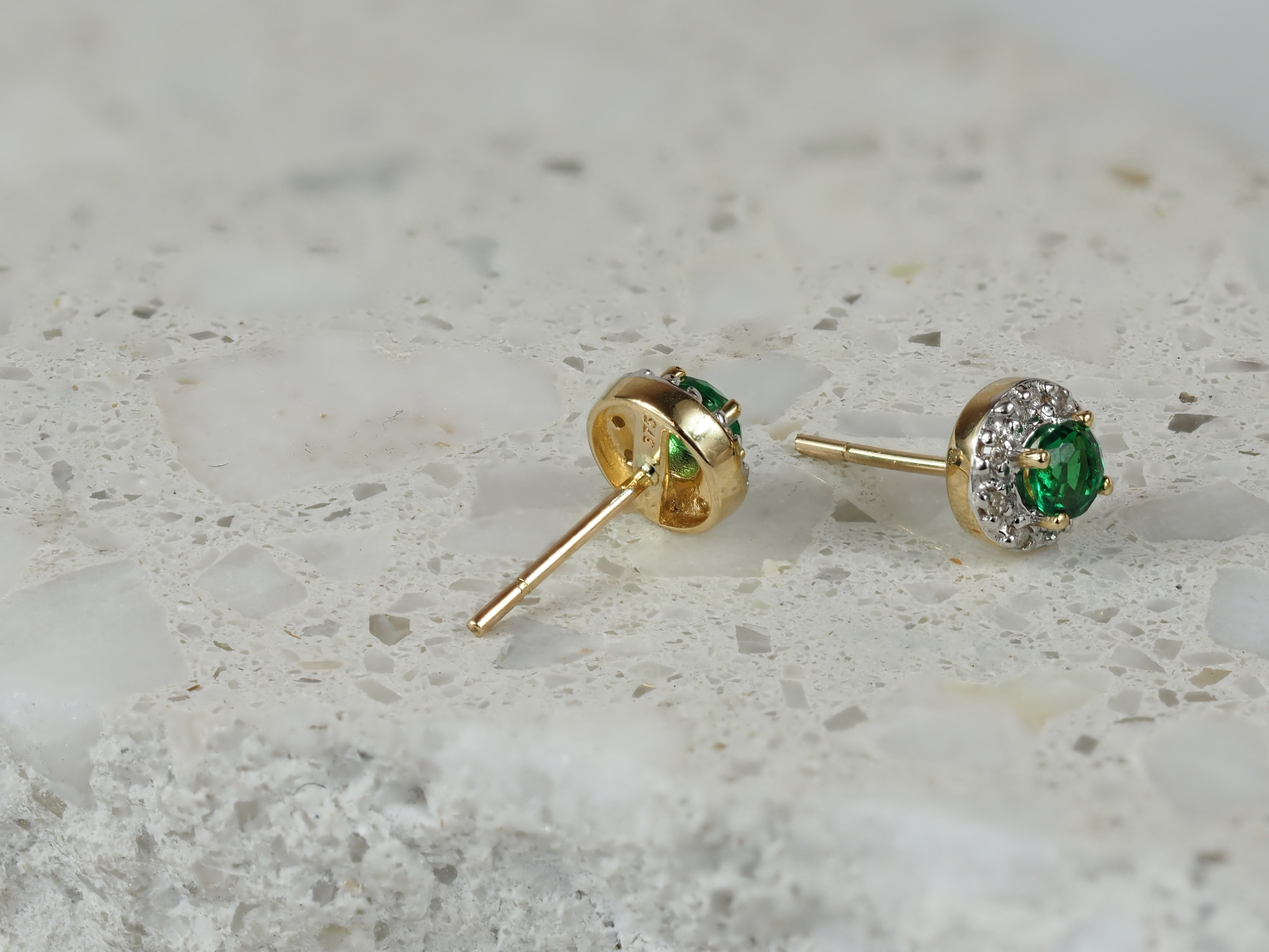 9ct Yellow Gold Emerald and Diamond Stud Earrings