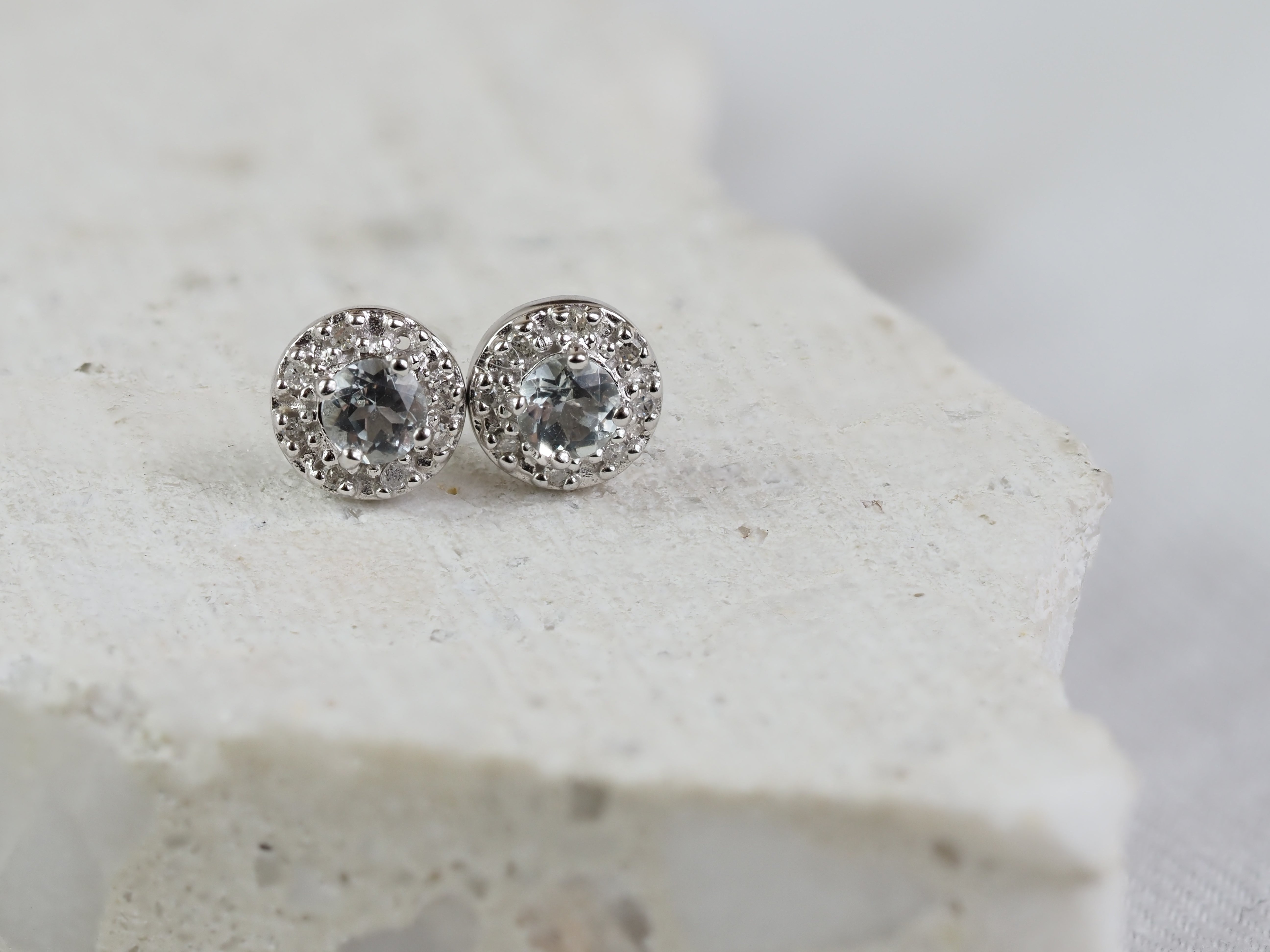 9ct White Gold Aquamarine and Diamond Stud Earrings