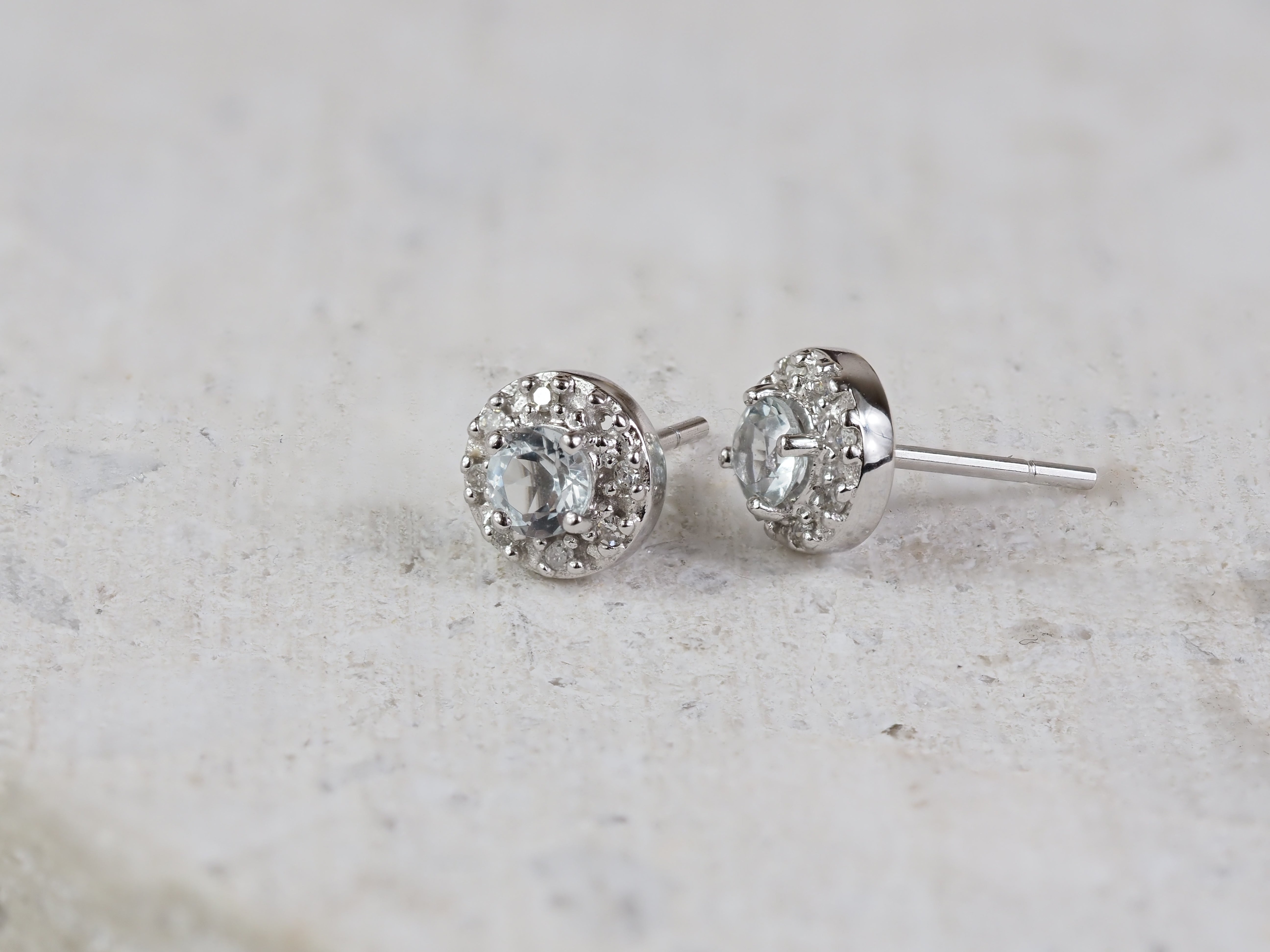 9ct White Gold Aquamarine and Diamond Stud Earrings