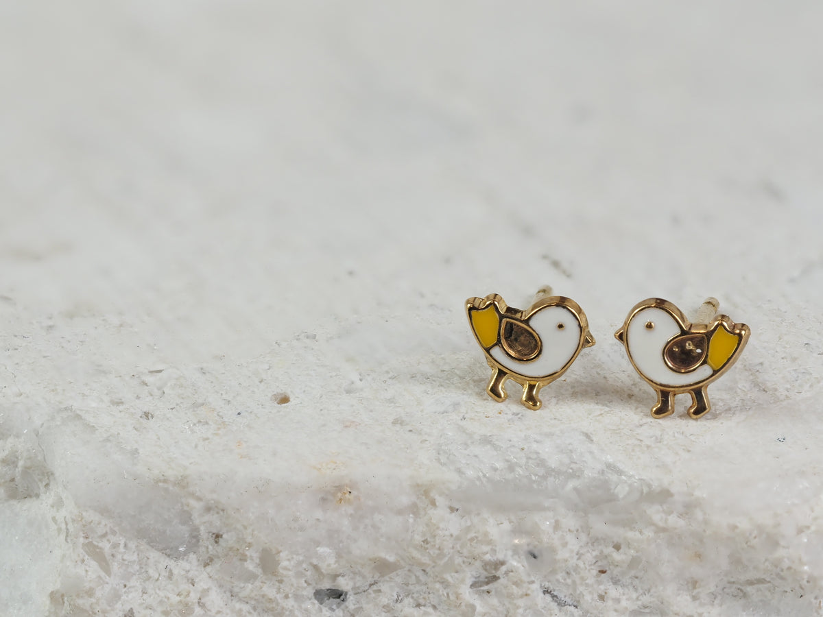 9ct Yellow Gold Enamel Bird Stud Earrings