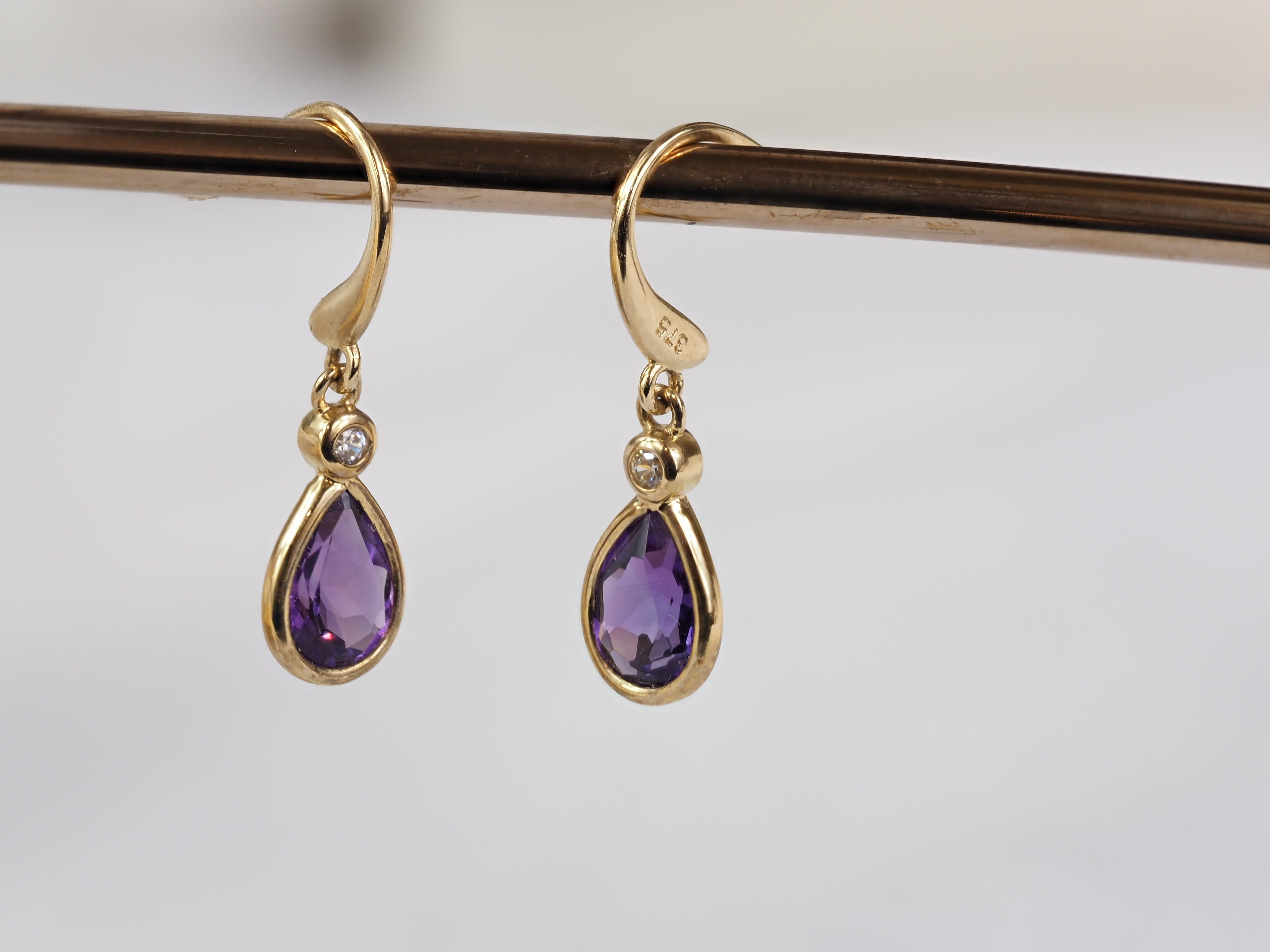 9ct Yellow Gold Amethyst and Cubic Zirconia Shepherd Hook Earrings