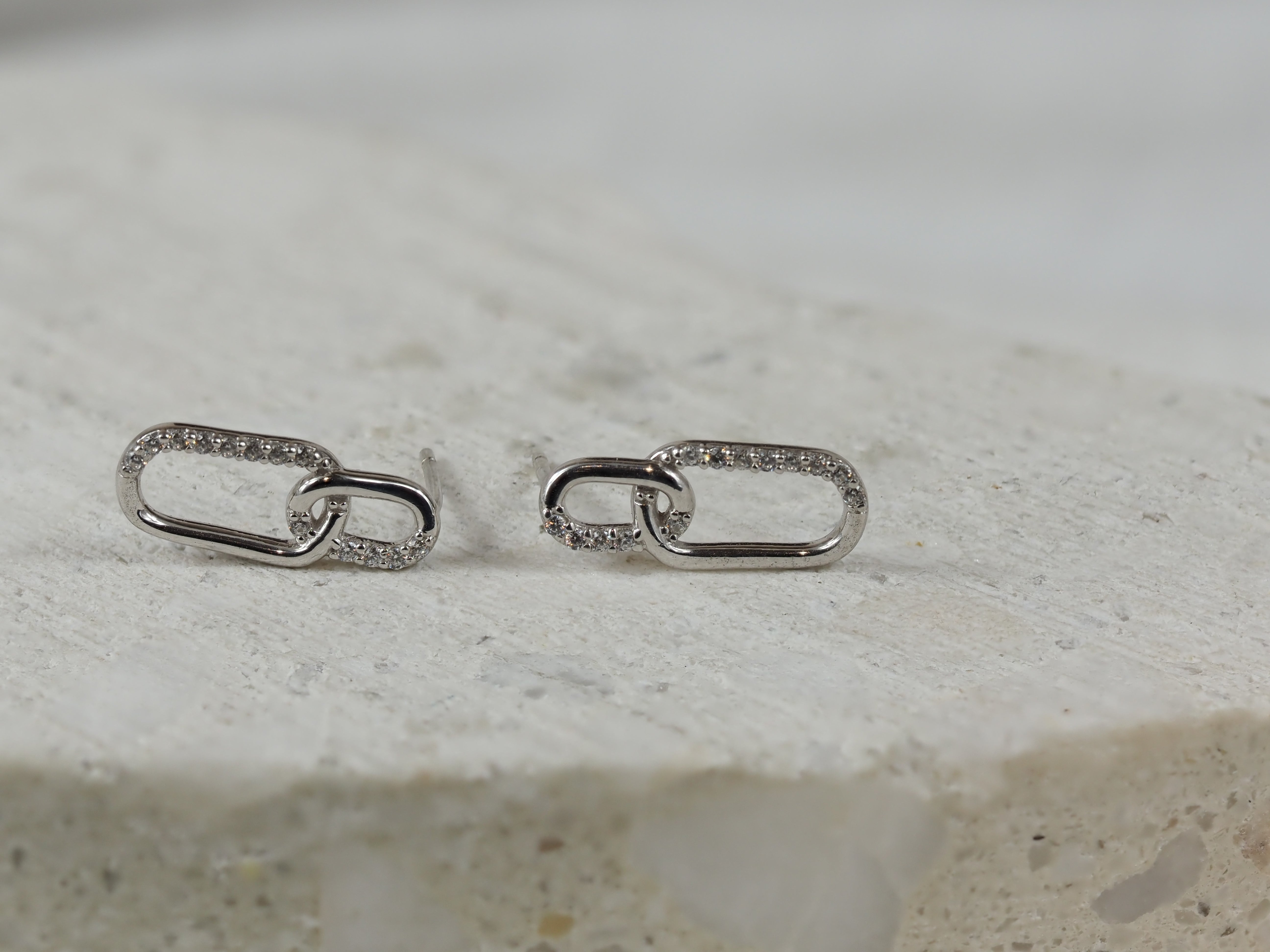 9ct White Gold Paperclip Cubic Zirconia Stud Earrings