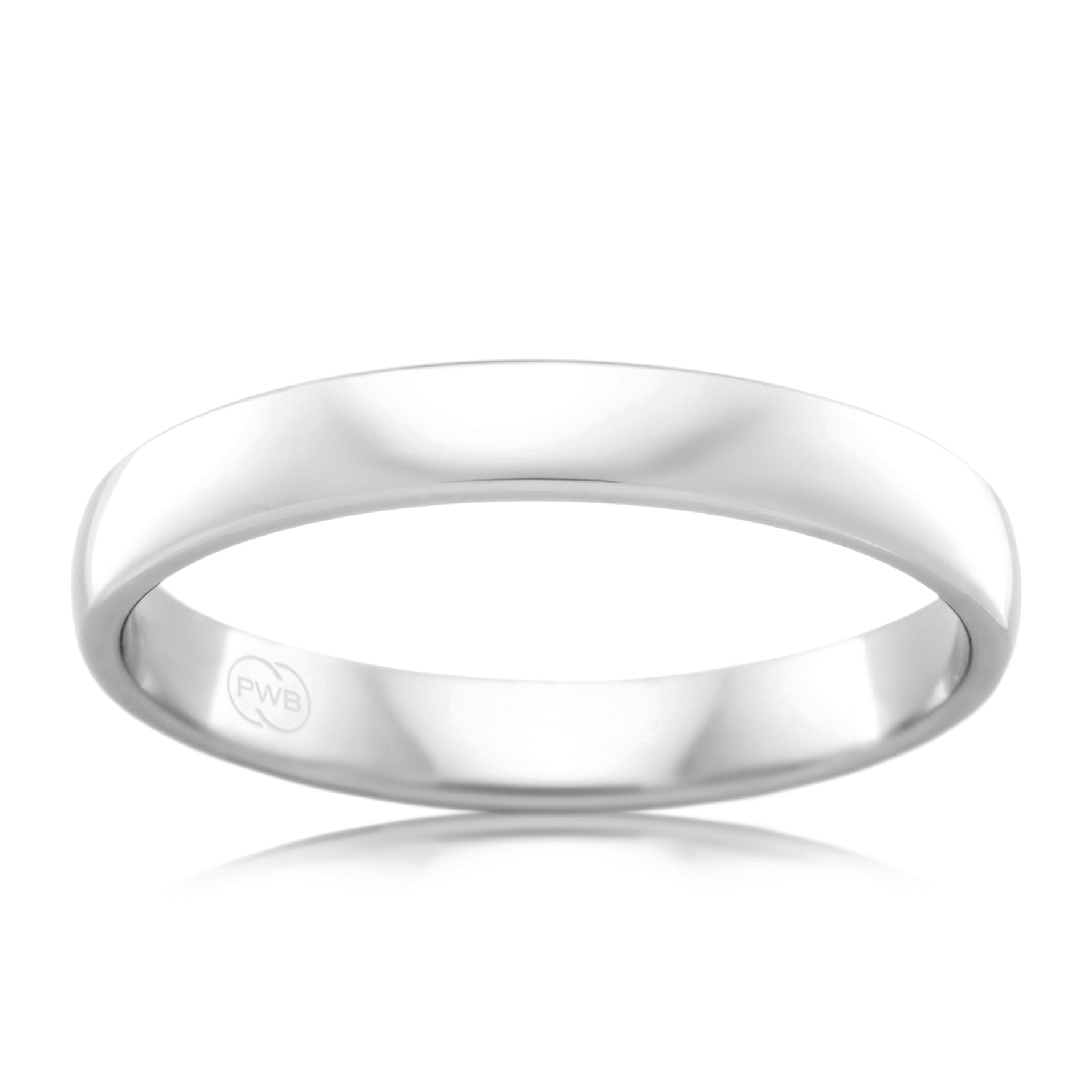 18ct White Gold 3mm Barrel Profile wedding band, polished finish
