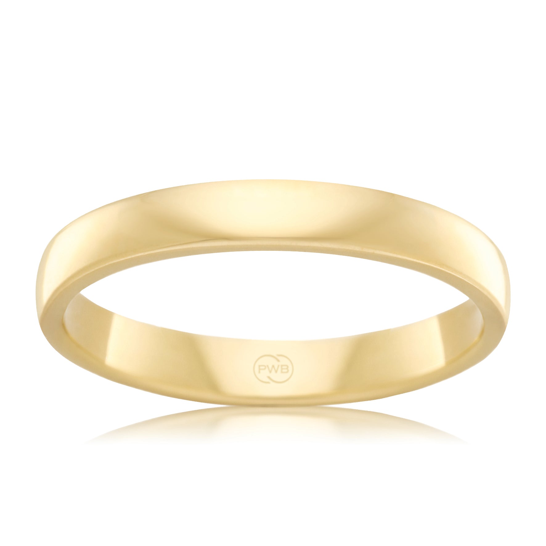 18ct Yellow Gold 3mm Barrel Wedding band, polished finish, size M