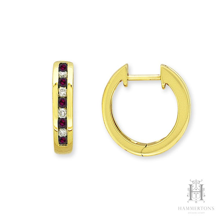 9ct Yellow Gold Diamond and Ruby huggie earrings ruby