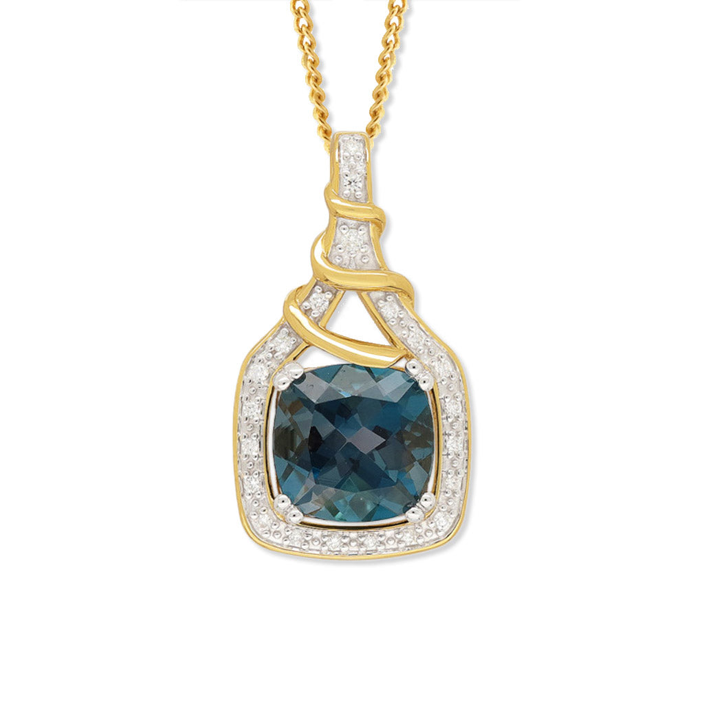 9ct Yellow and White Gold Blue Topaz and Diamond Pendant, 9mm Centre