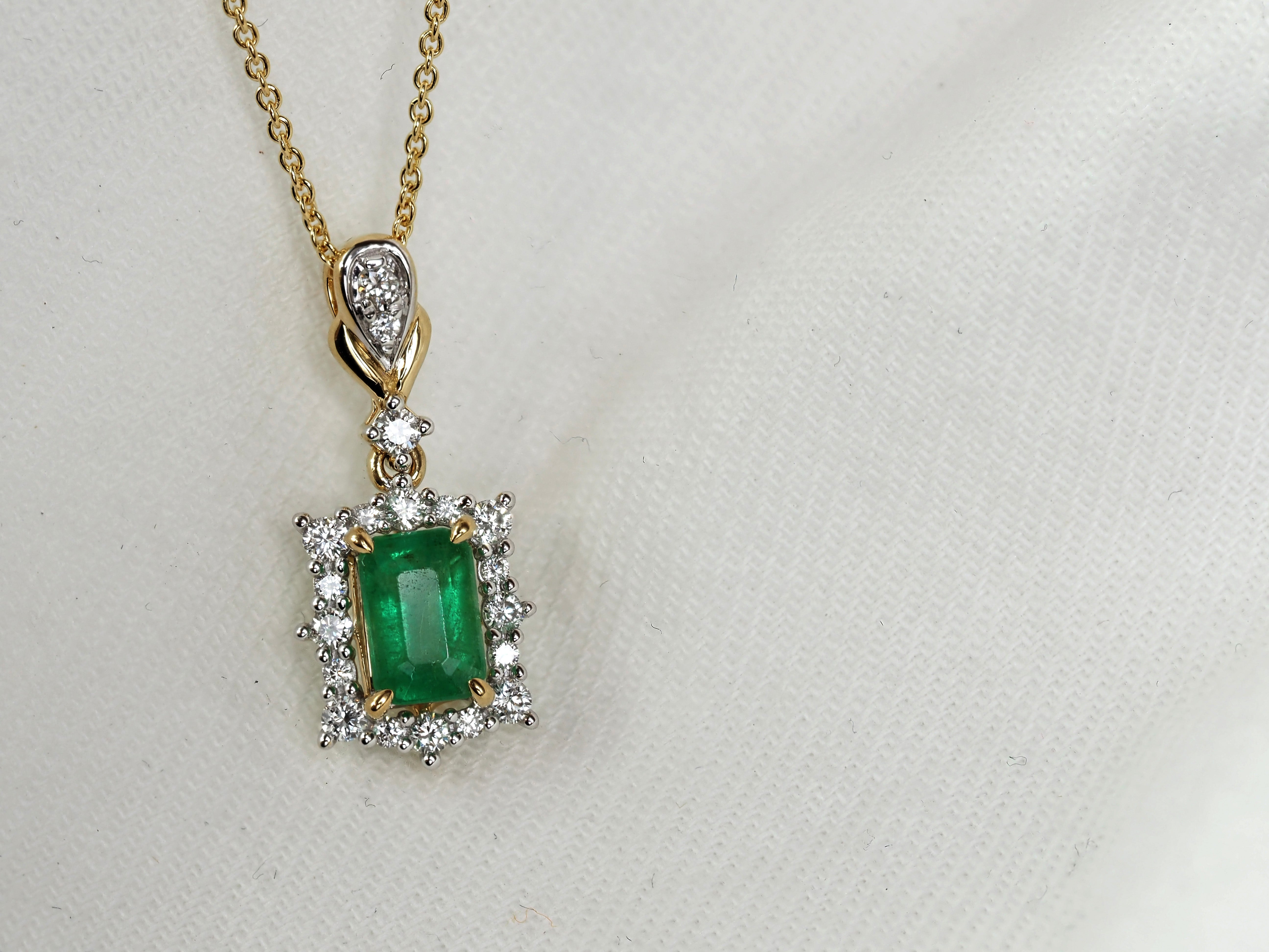 18ct Yellow and White Gold Emerald and Diamond Pendant, 0.59ct Centre