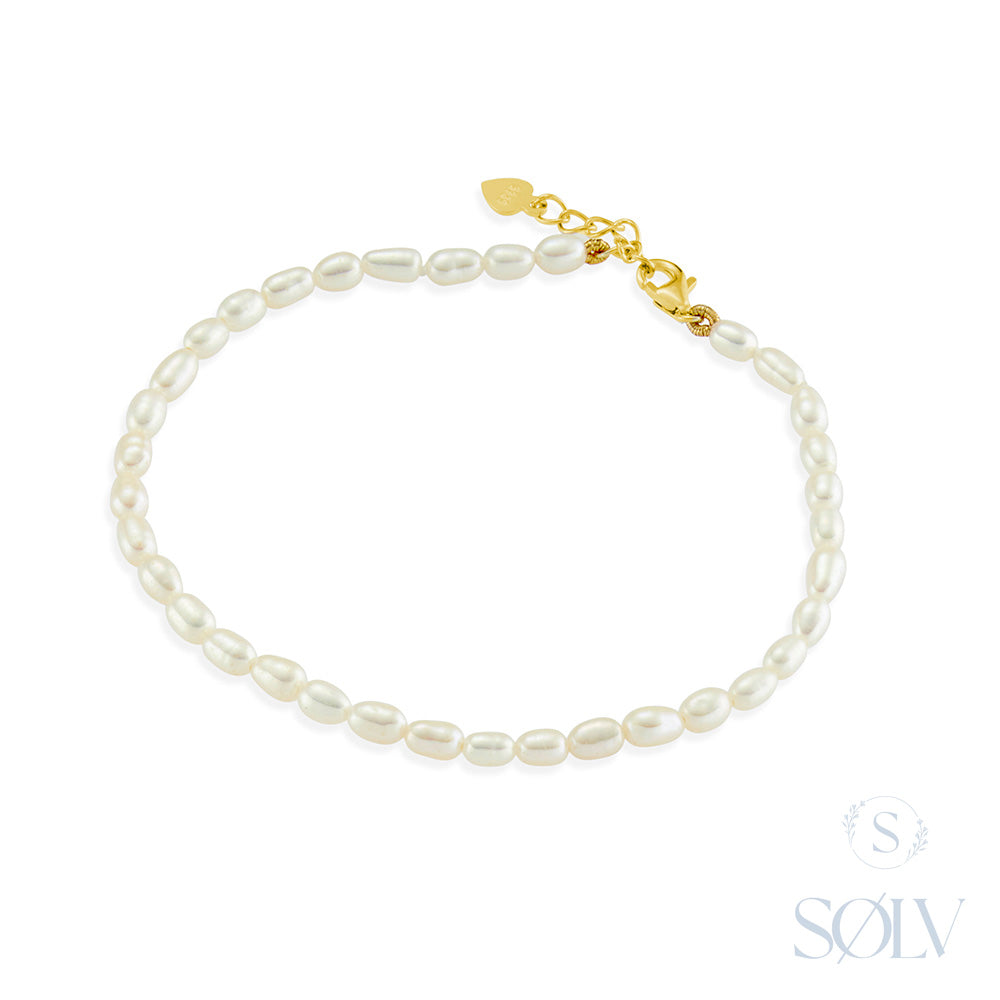 Solv Sterling Silver Yellow Gold Plated Freshwater Rice Pearl Bracelet, 17cm