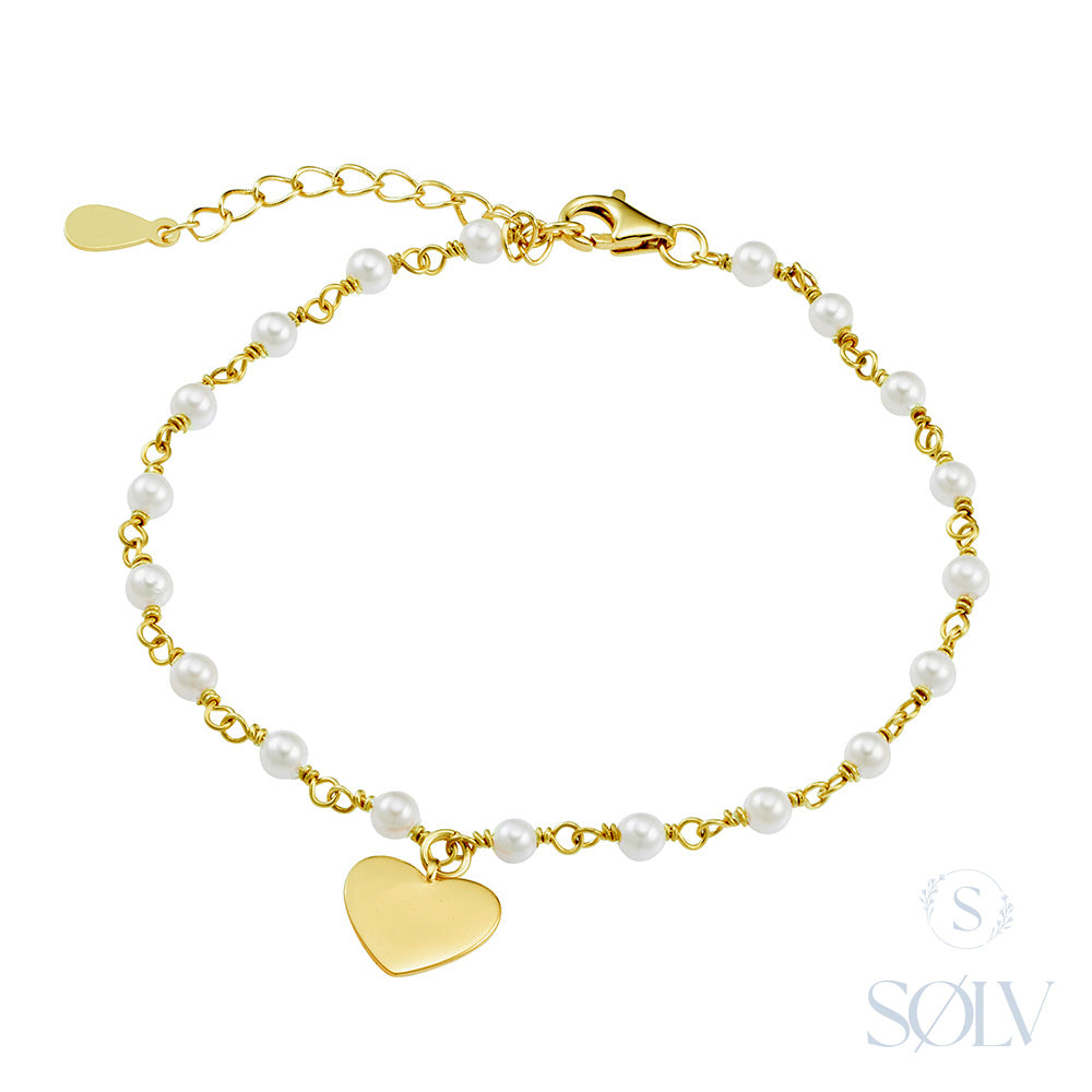 Solv Sterling Silver Yellow Gold Plated Pearl and Heart Bracelet, 17cm