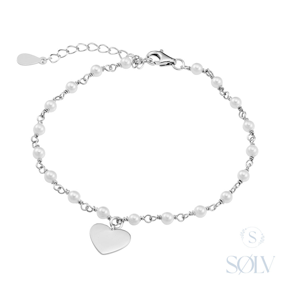 Solv Sterling Silver Pearl and Heart Bracelet, 17cm
