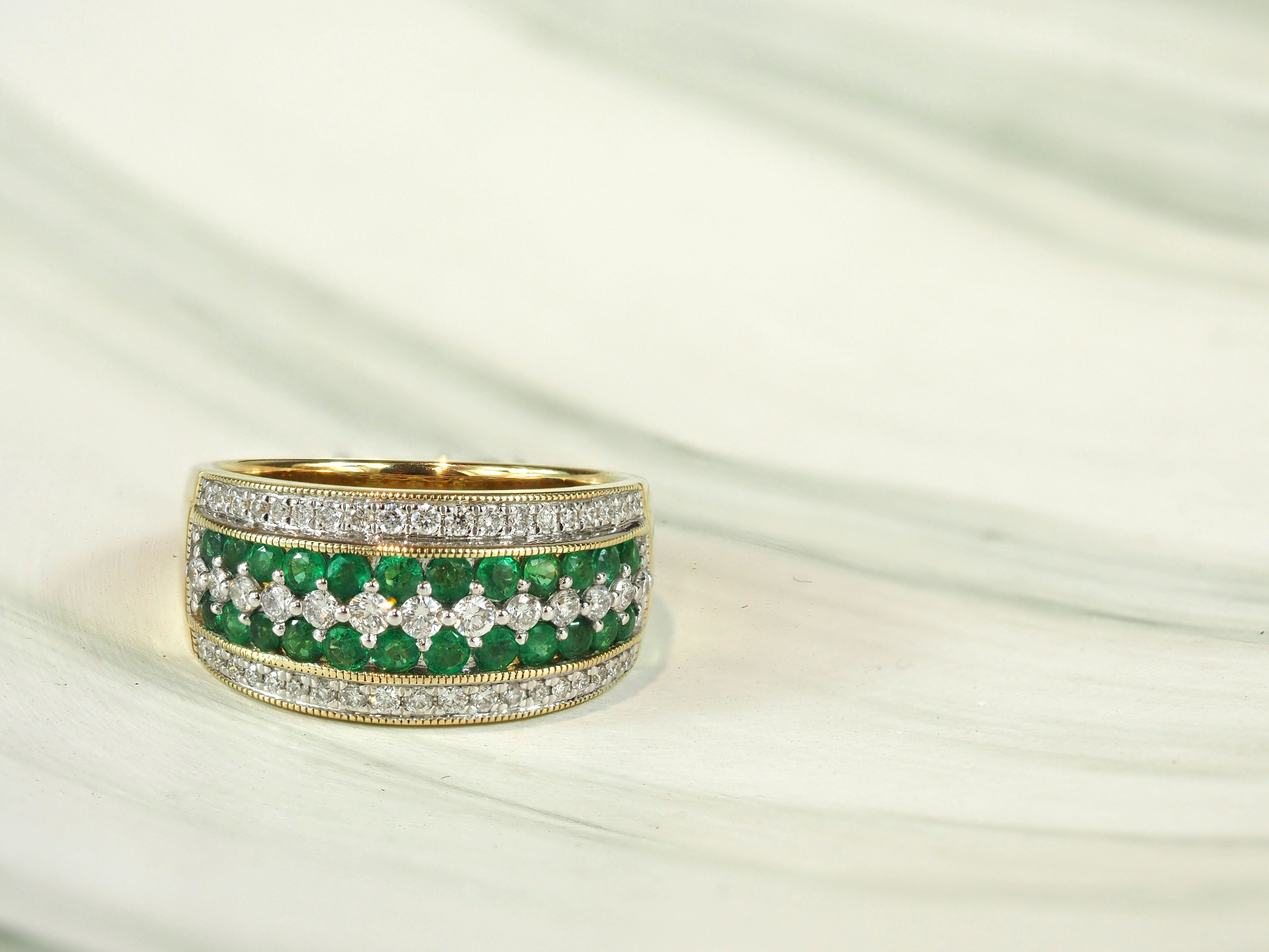 9ct Yellow and White Gold Emerald and Diamond multirow ring