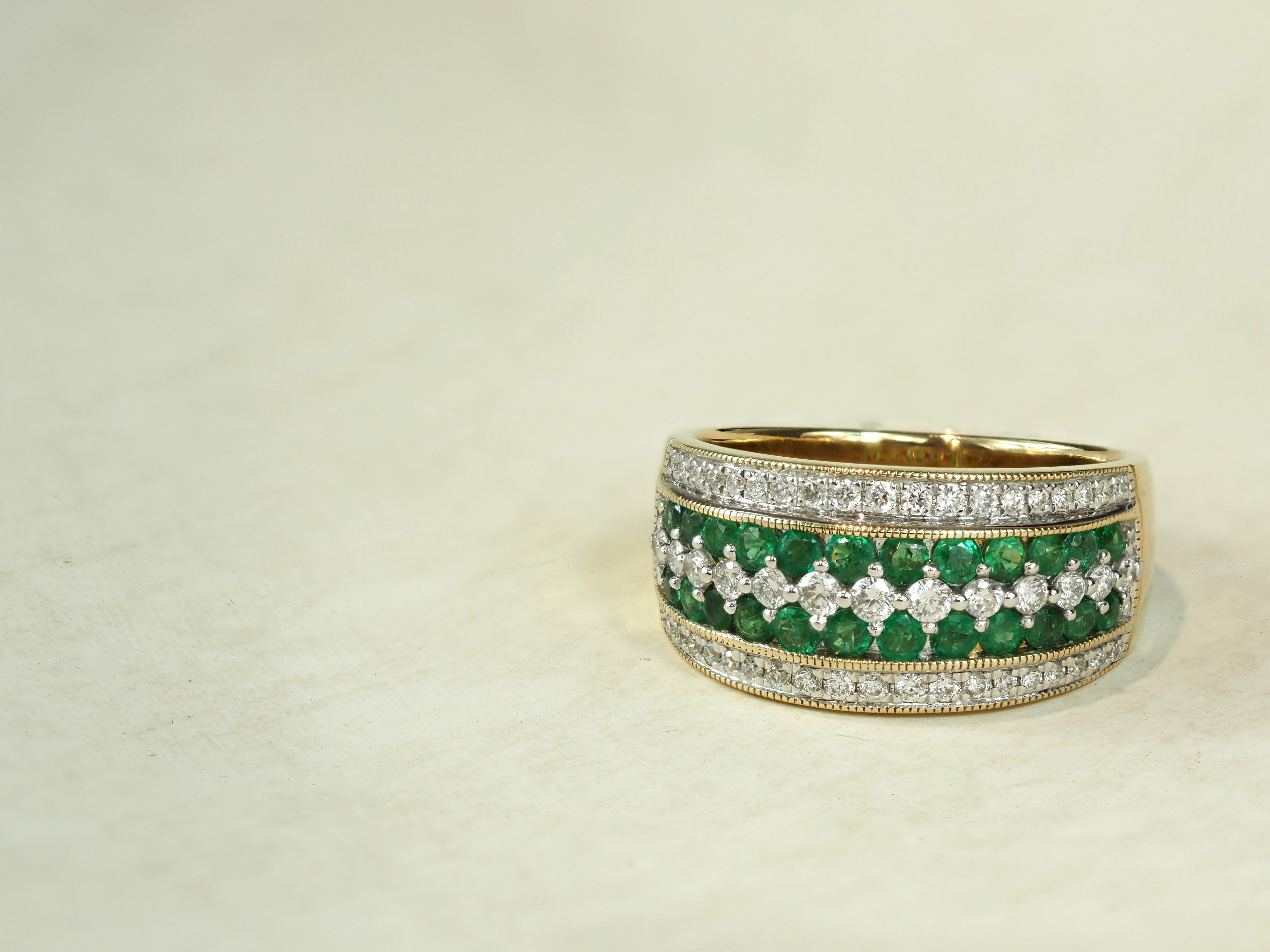 9ct Yellow and White Gold Emerald and Diamond multirow ring