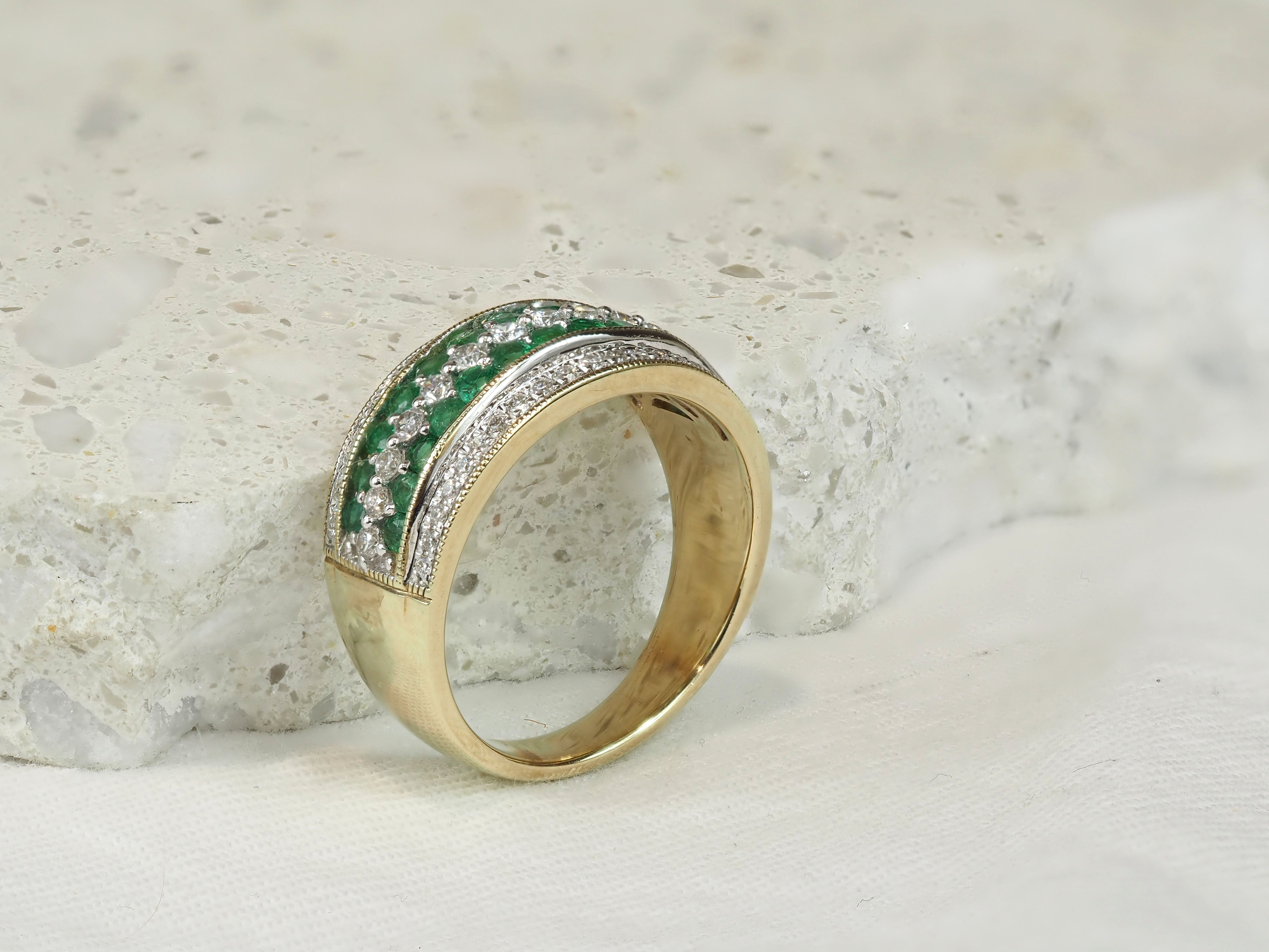 9ct Yellow and White Gold Emerald and Diamond multirow ring