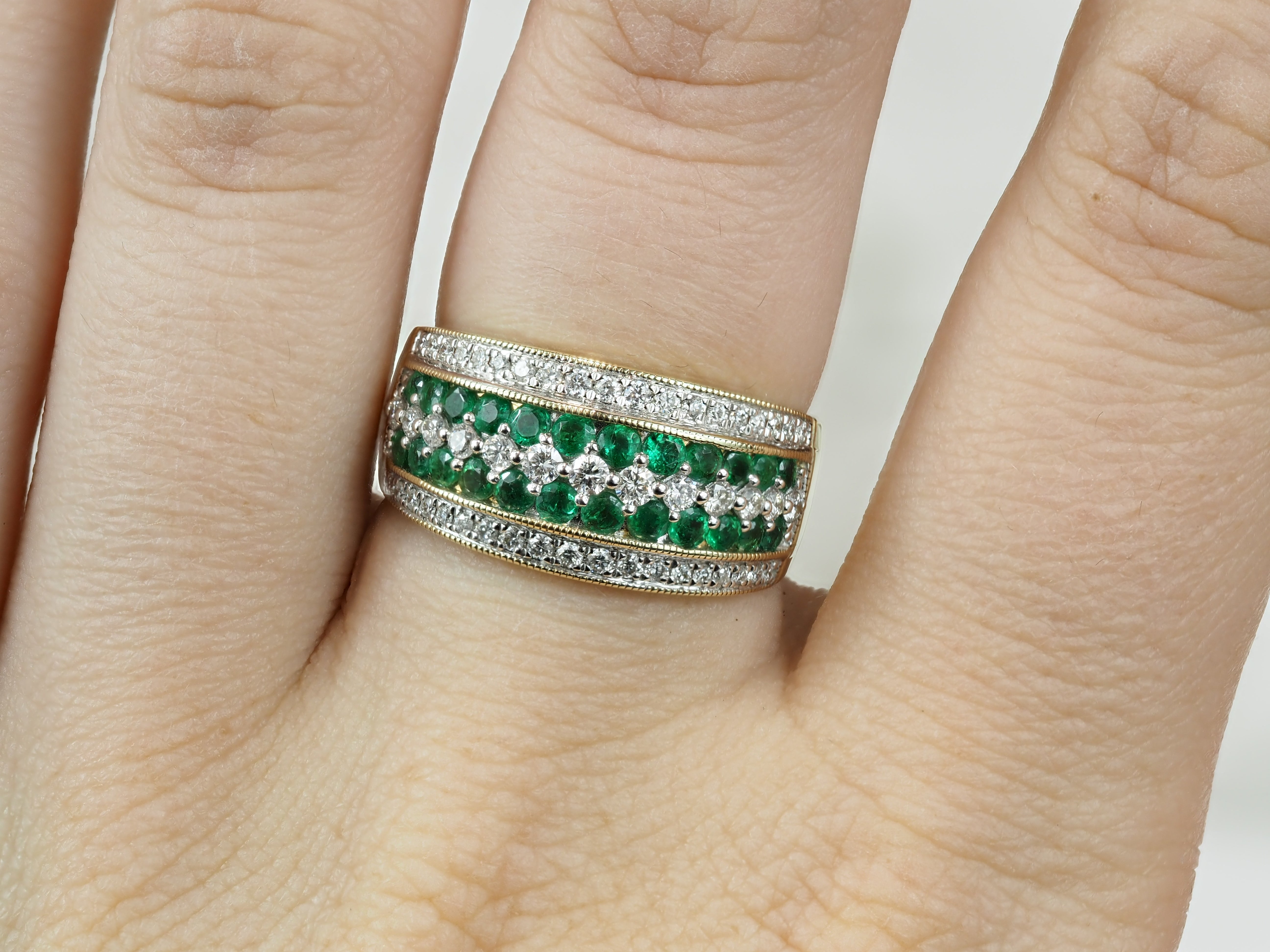 9ct Yellow and White Gold Emerald and Diamond multirow ring