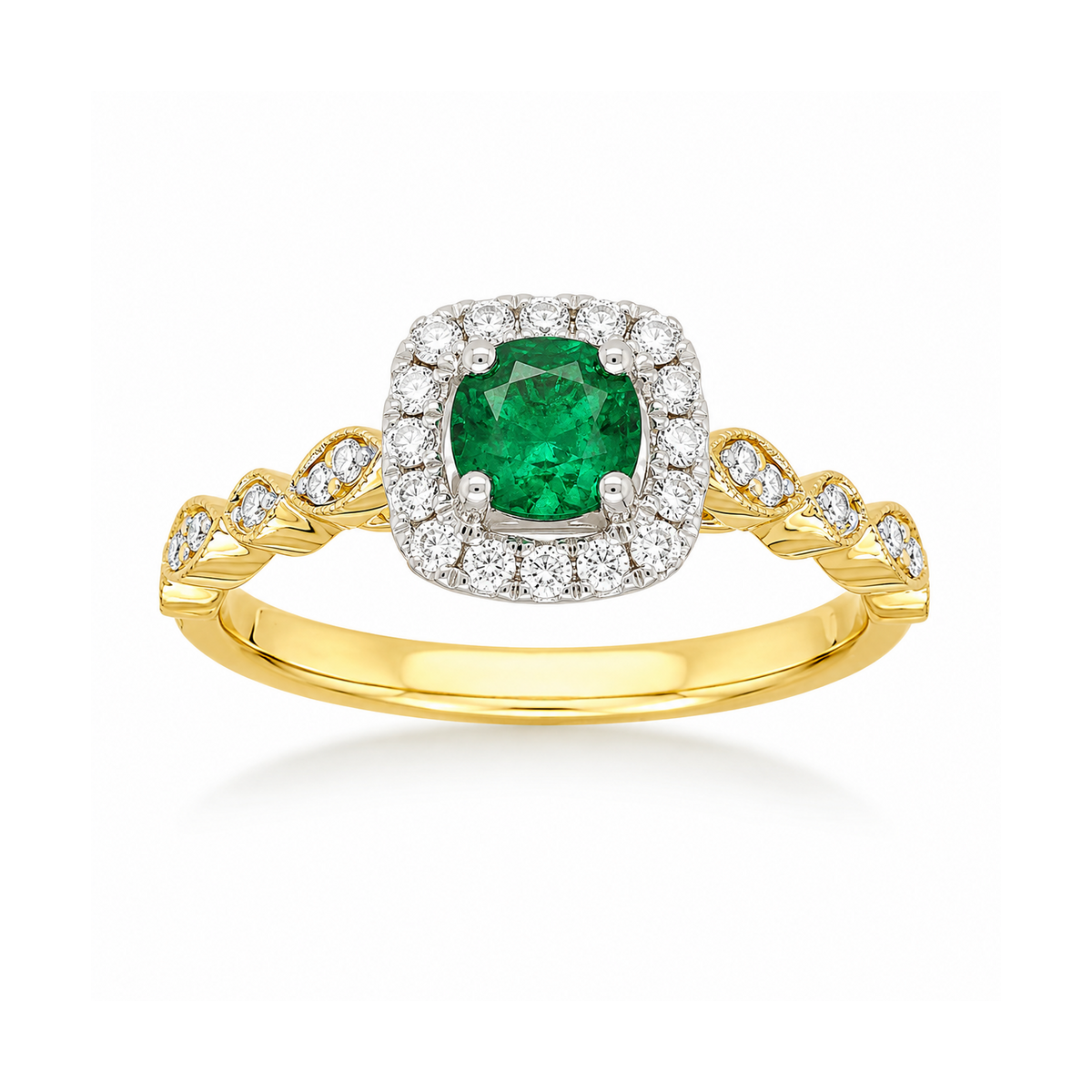 18ct Yellow and White Gold Emerald and Diamond Halo Ring, 0.30ct Centre