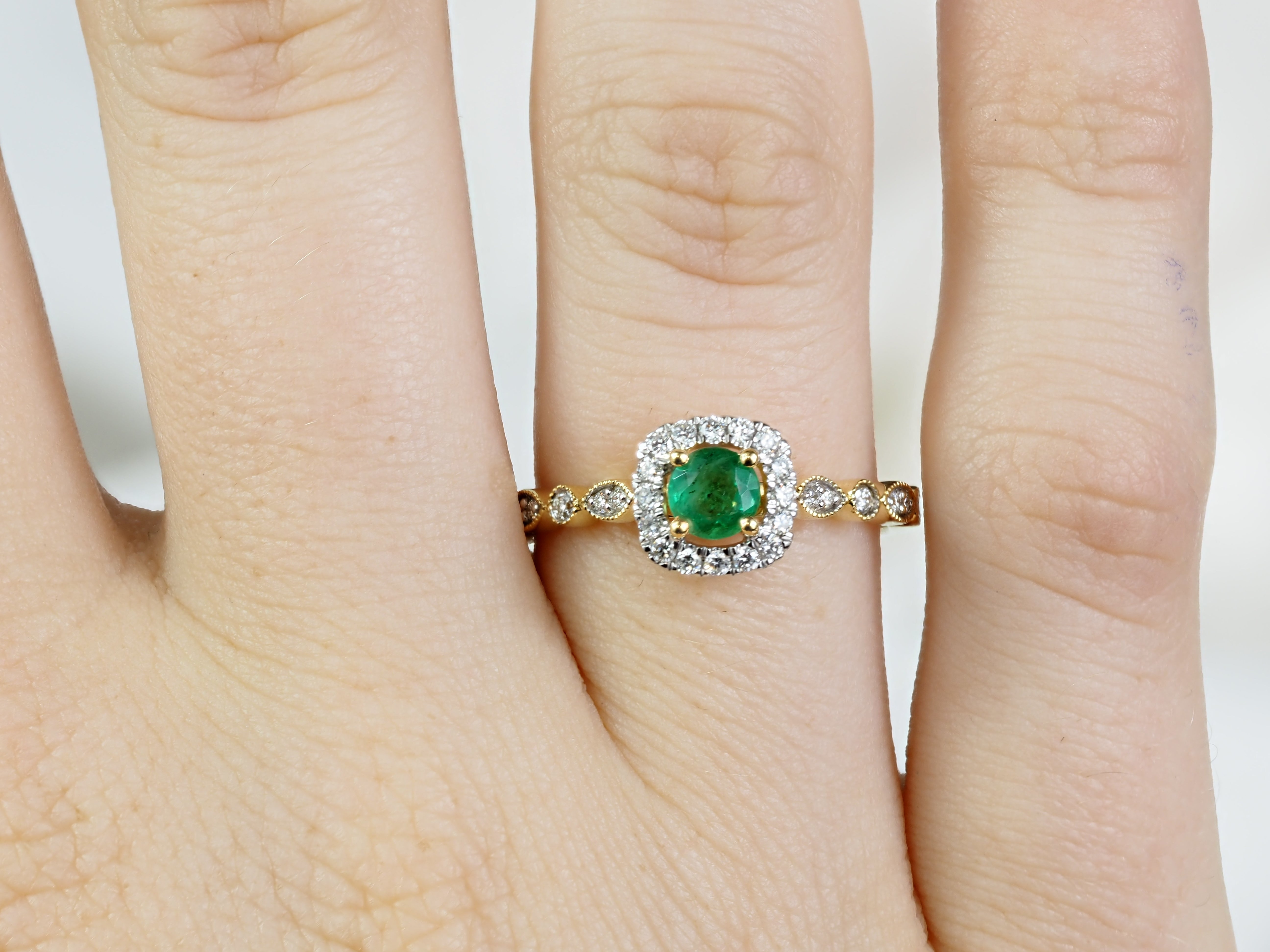 18ct Yellow and White Gold Emerald and Diamond Halo Ring, 0.30ct Centre