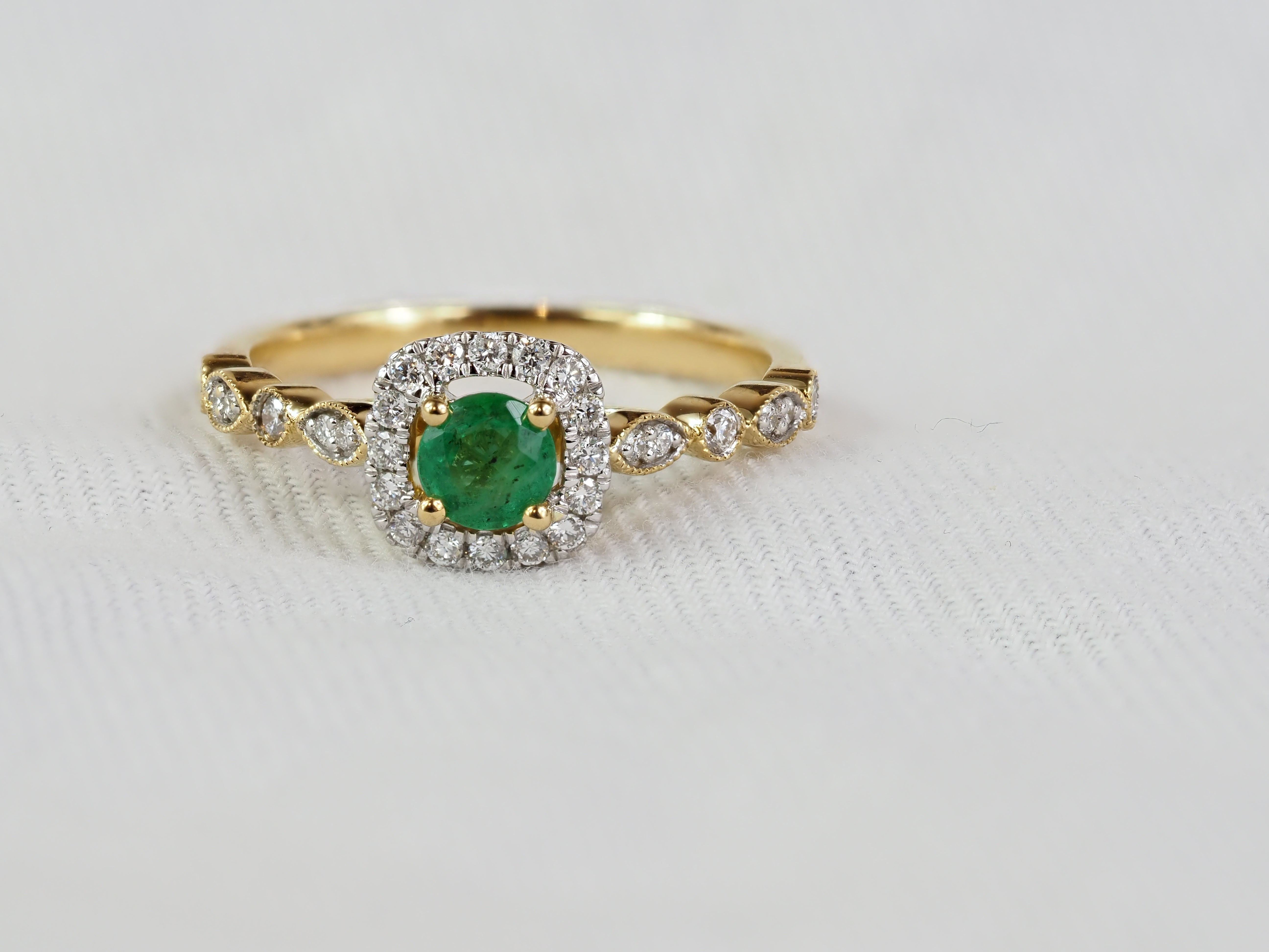 18ct Yellow and White Gold Emerald and Diamond Halo Ring, 0.30ct Centre