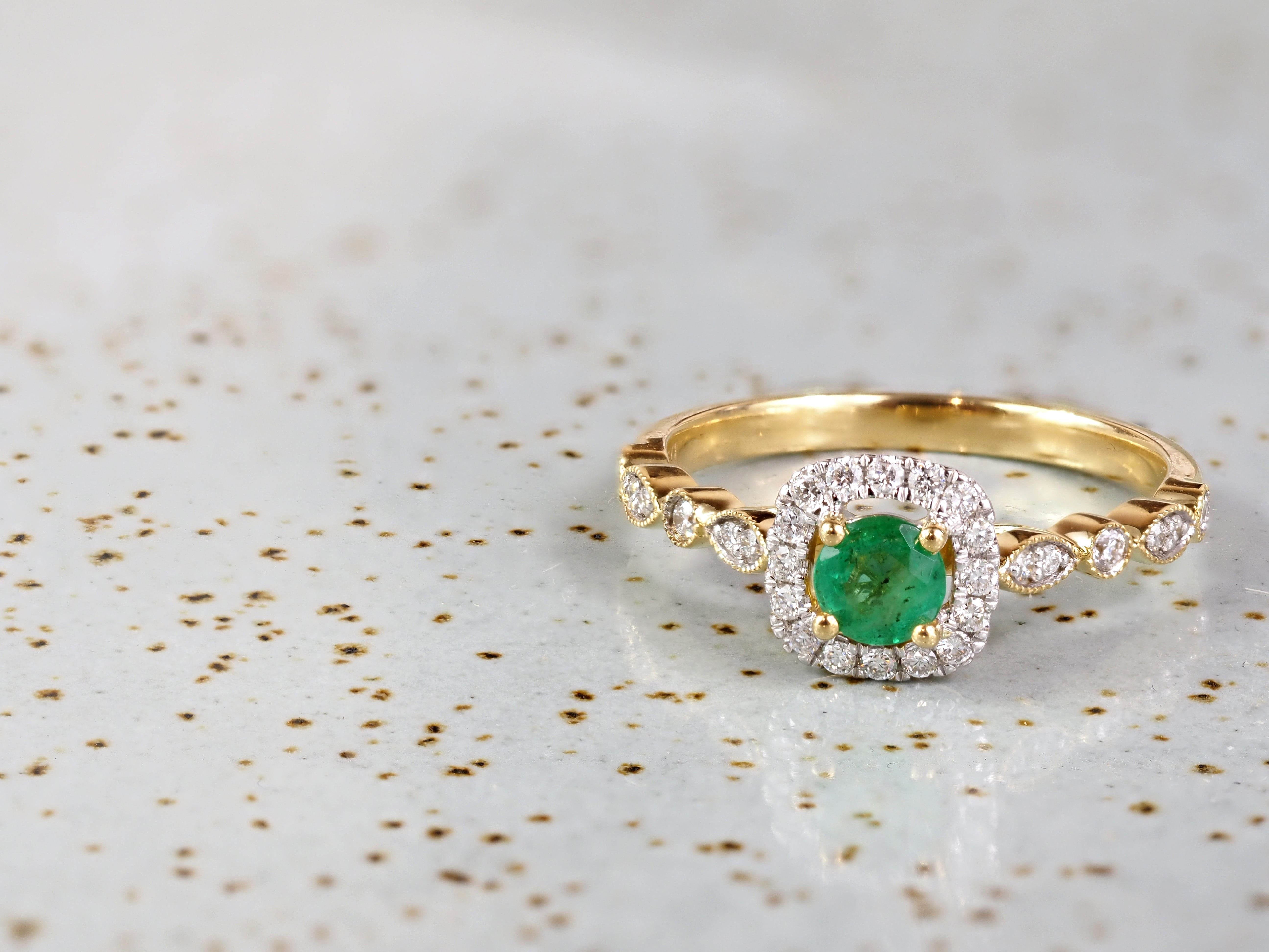 18ct Yellow and White Gold Emerald and Diamond Halo Ring, 0.30ct Centre