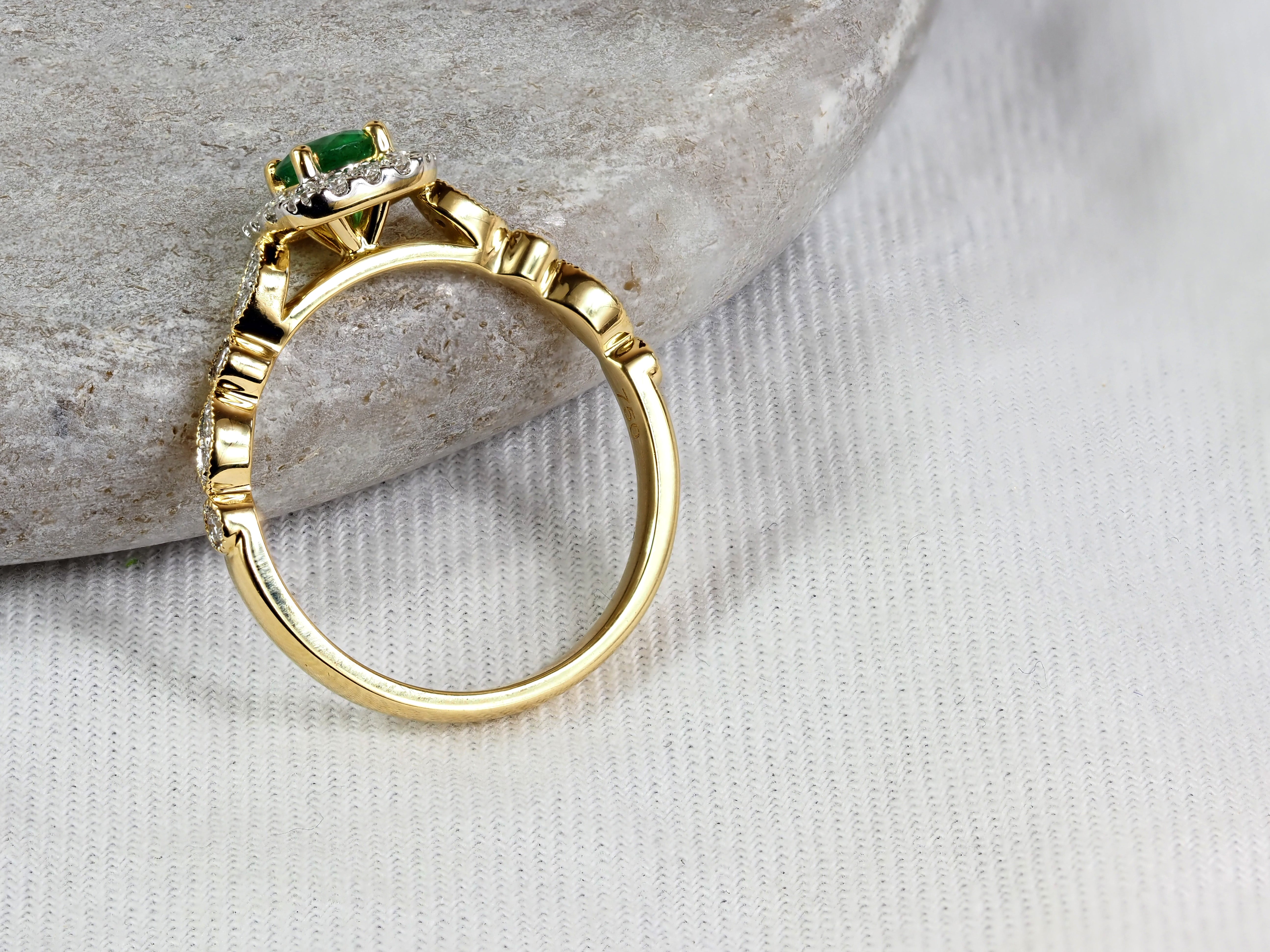 18ct Yellow and White Gold Emerald and Diamond Halo Ring, 0.30ct Centre