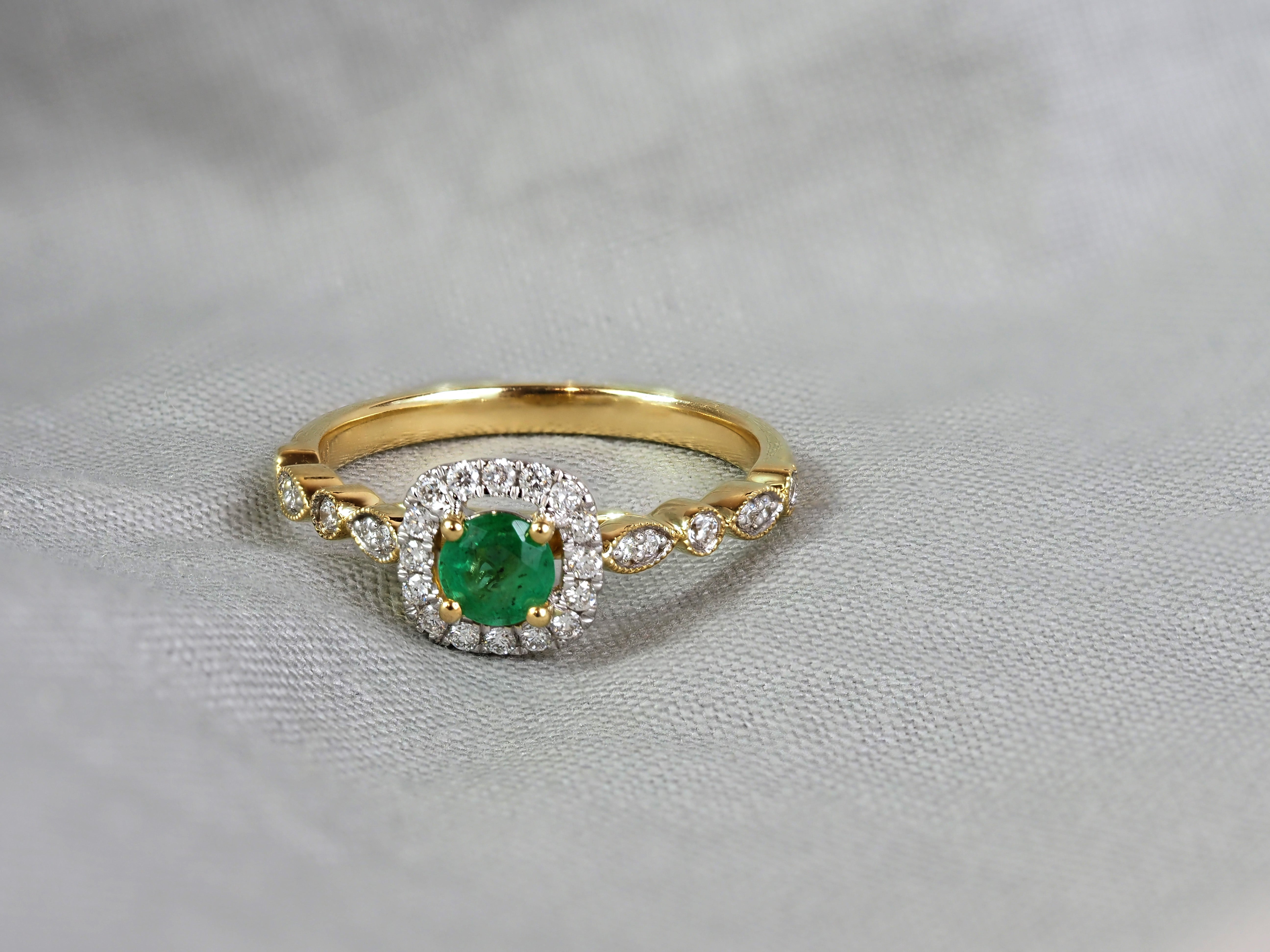 18ct Yellow and White Gold Emerald and Diamond Halo Ring, 0.30ct Centre