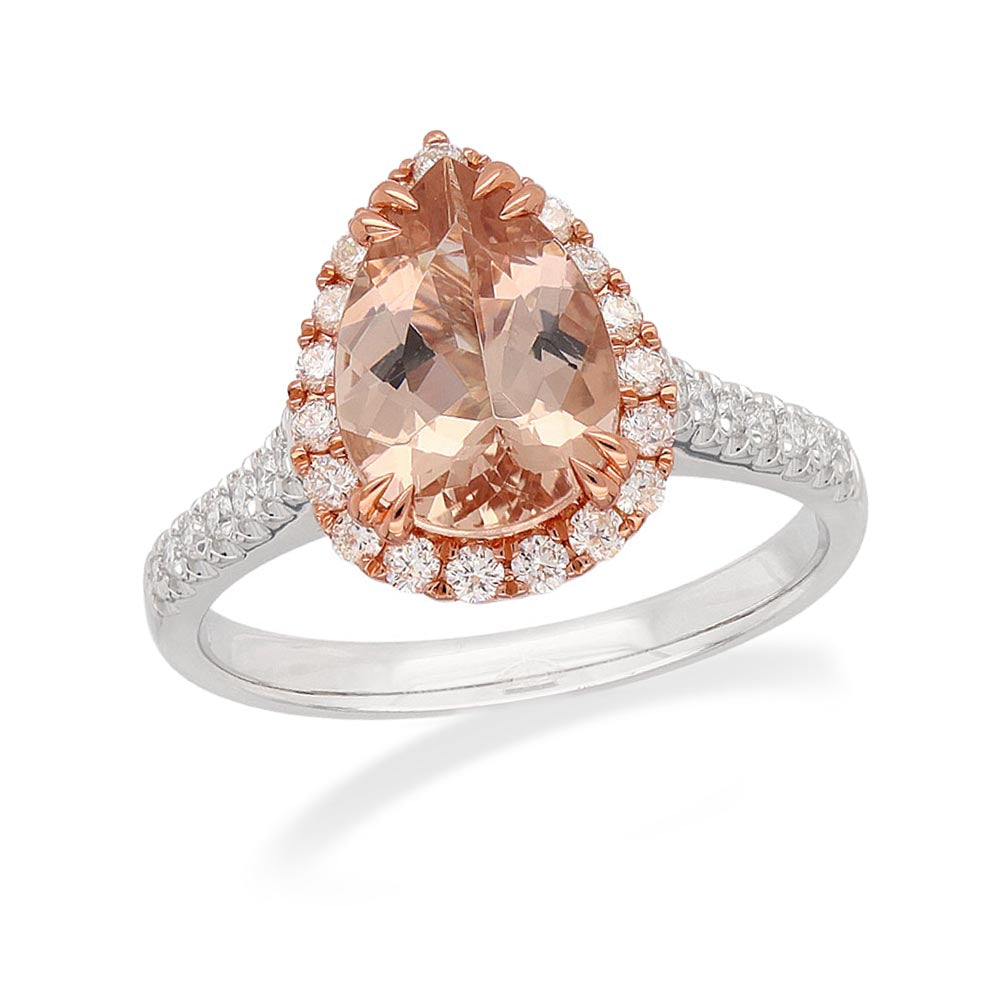 18ct Rose and White Gold Pear Morganite & Diamond Ring, 0.34ct total