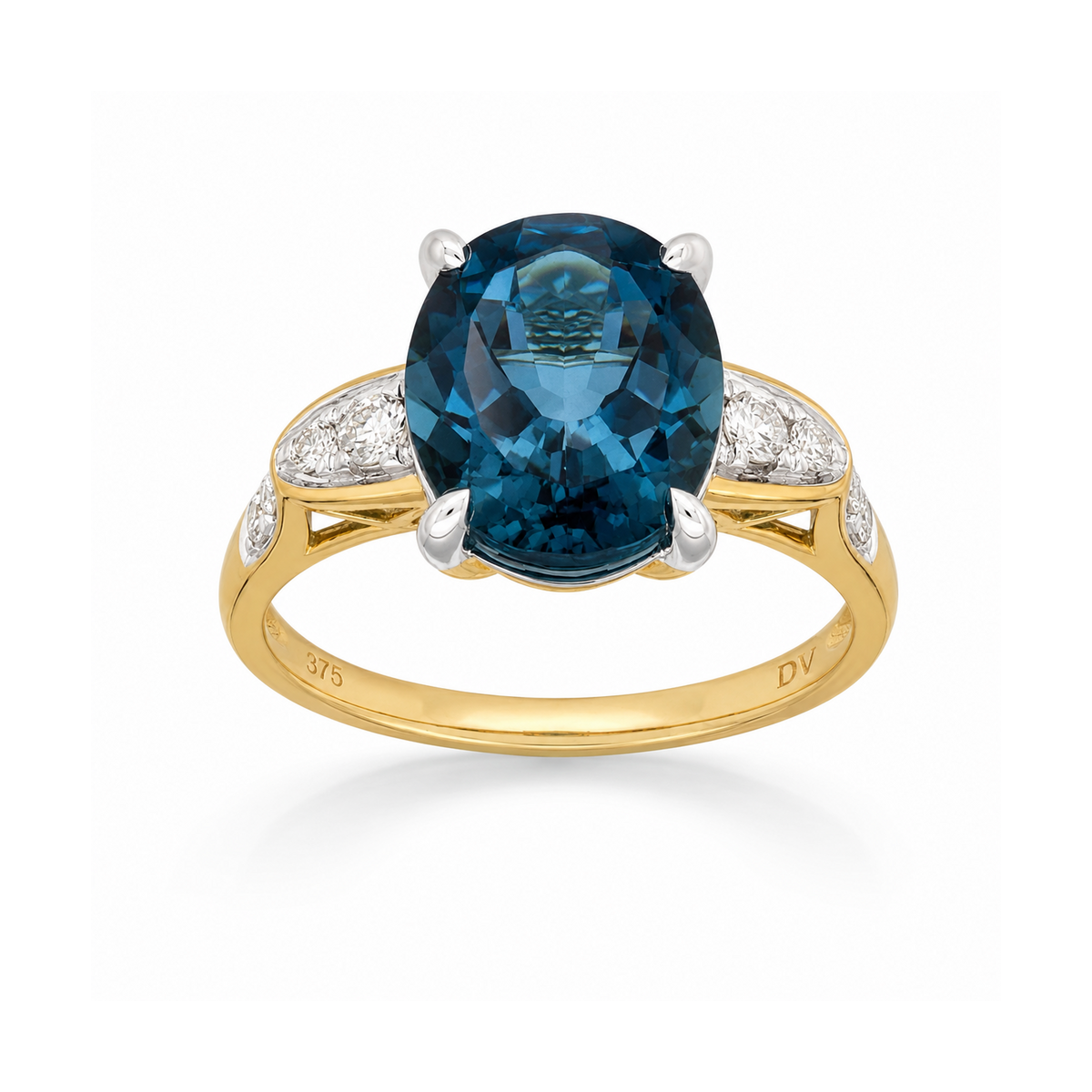 9ct Yellow and White Gold London Blue Topaz and Diamond Ring