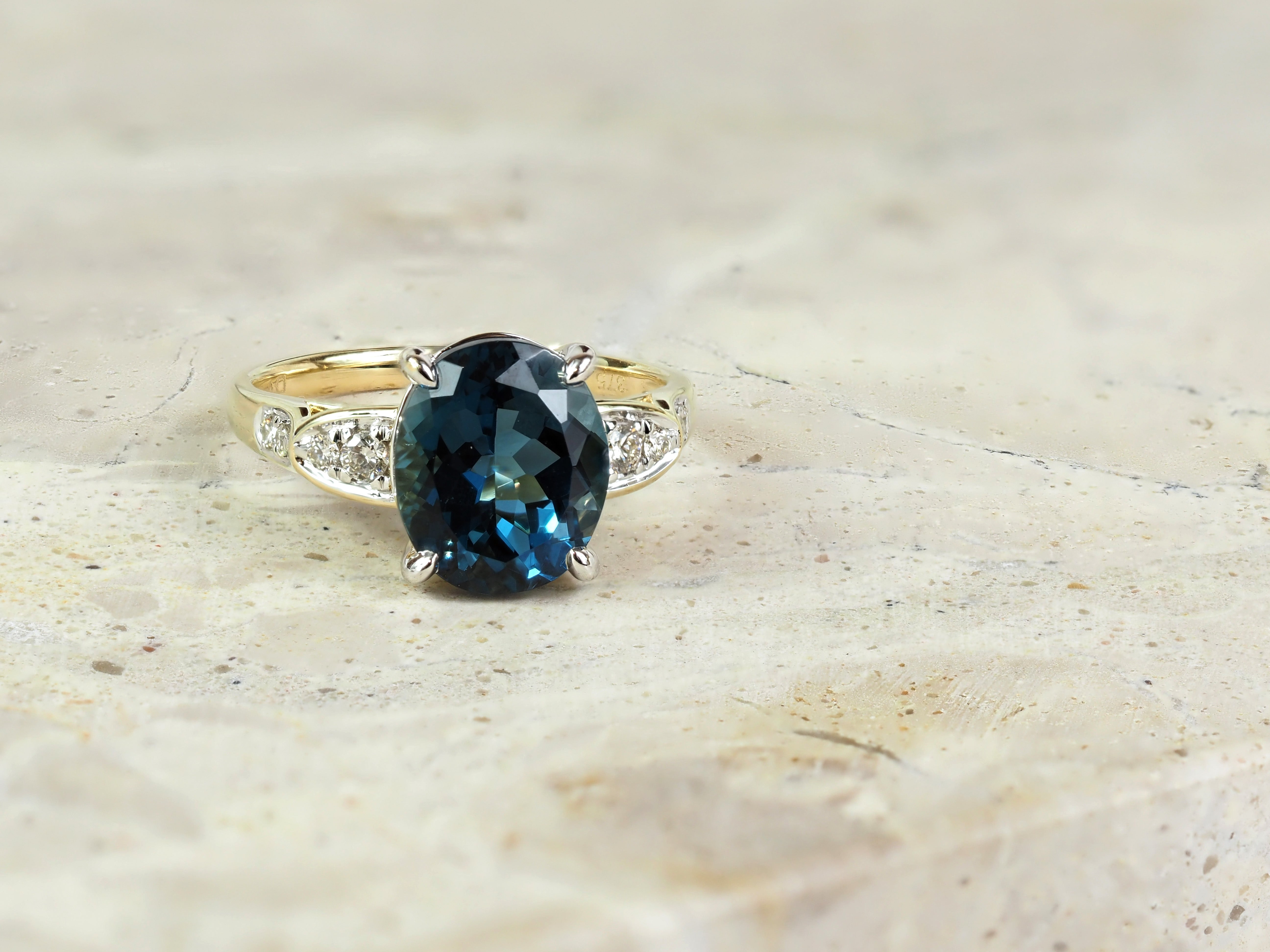 9ct Yellow and White Gold London Blue Topaz and Diamond Ring