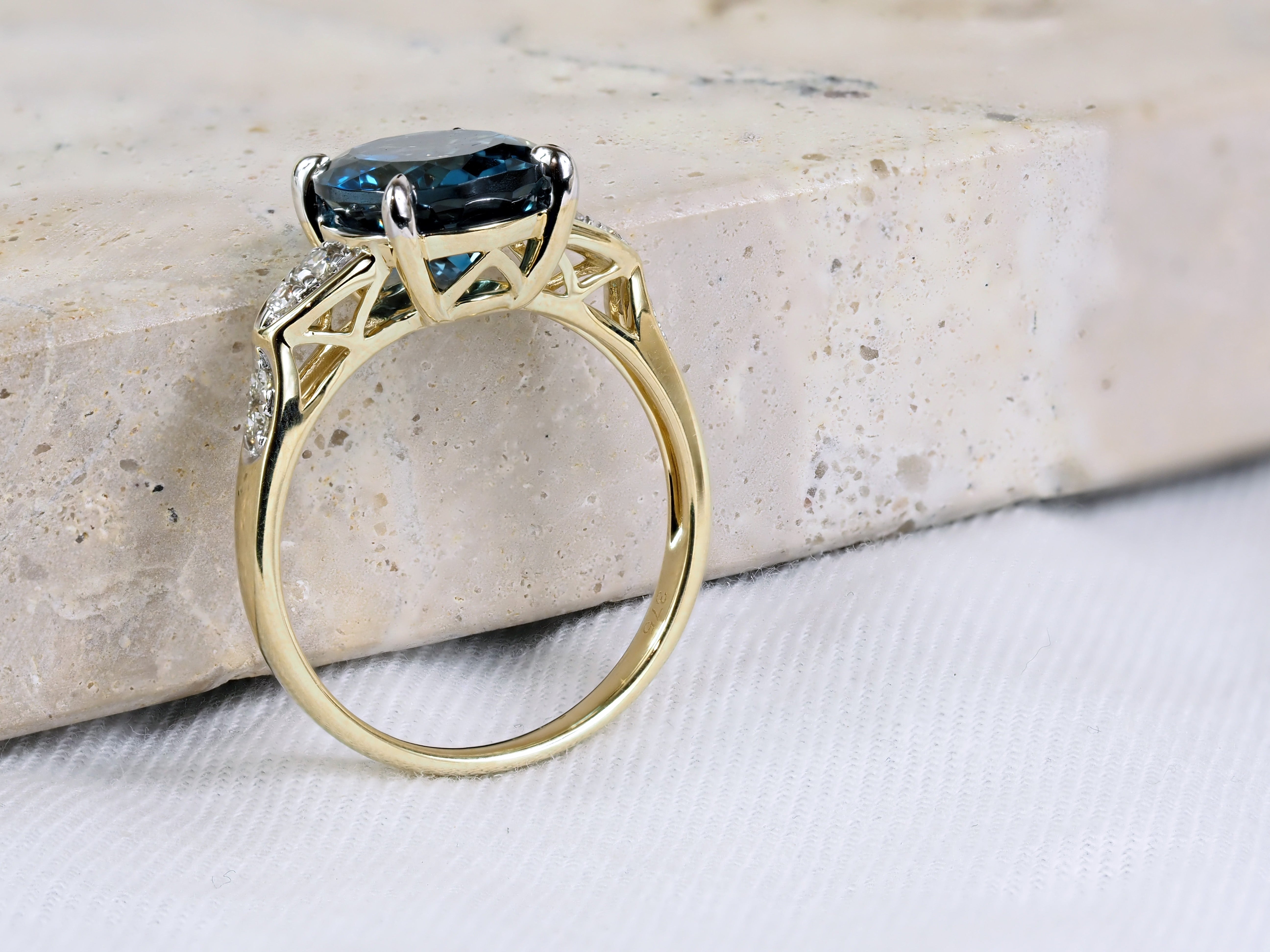 9ct Yellow and White Gold London Blue Topaz and Diamond Ring