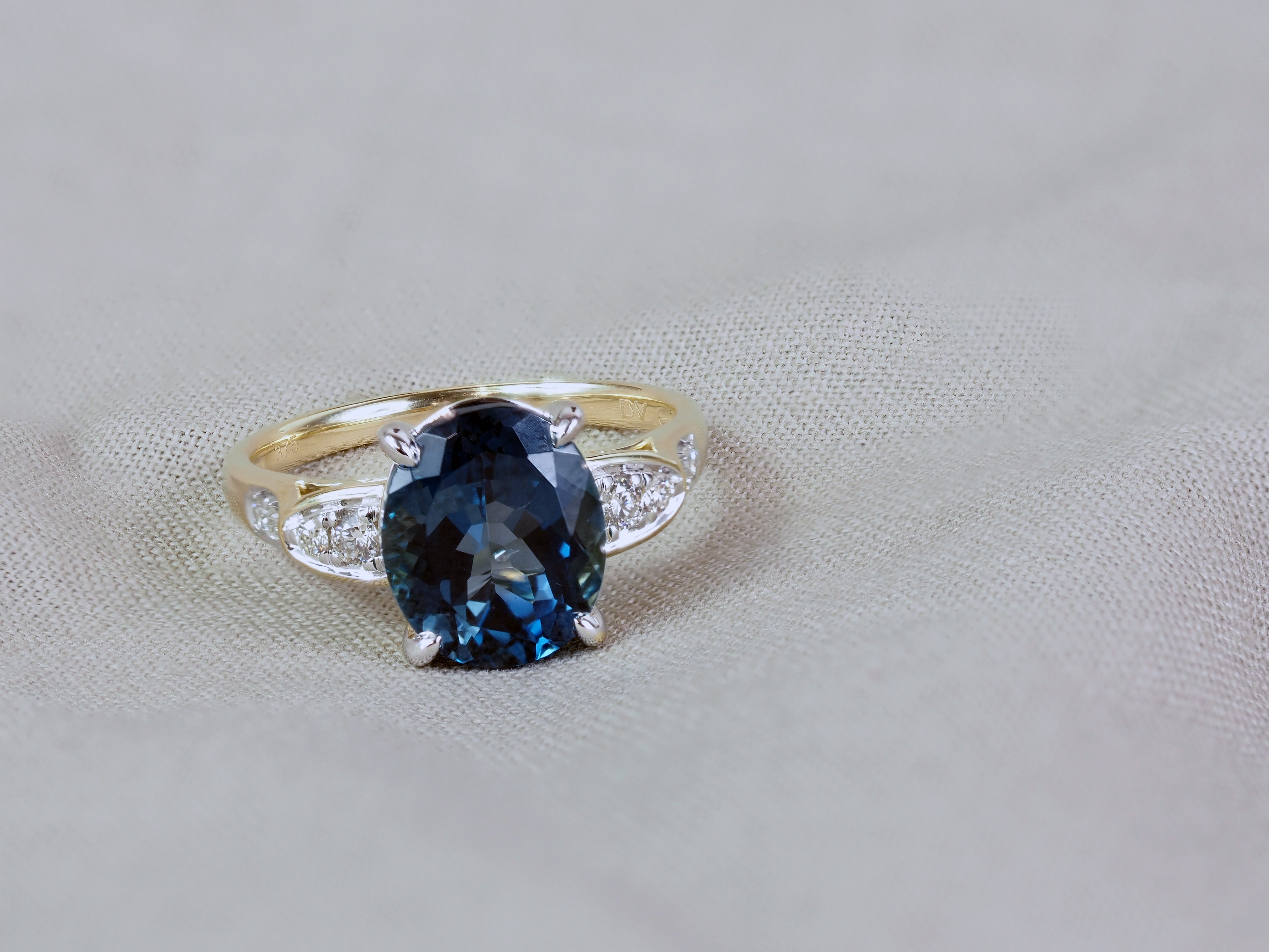 9ct Yellow and White Gold London Blue Topaz and Diamond Ring