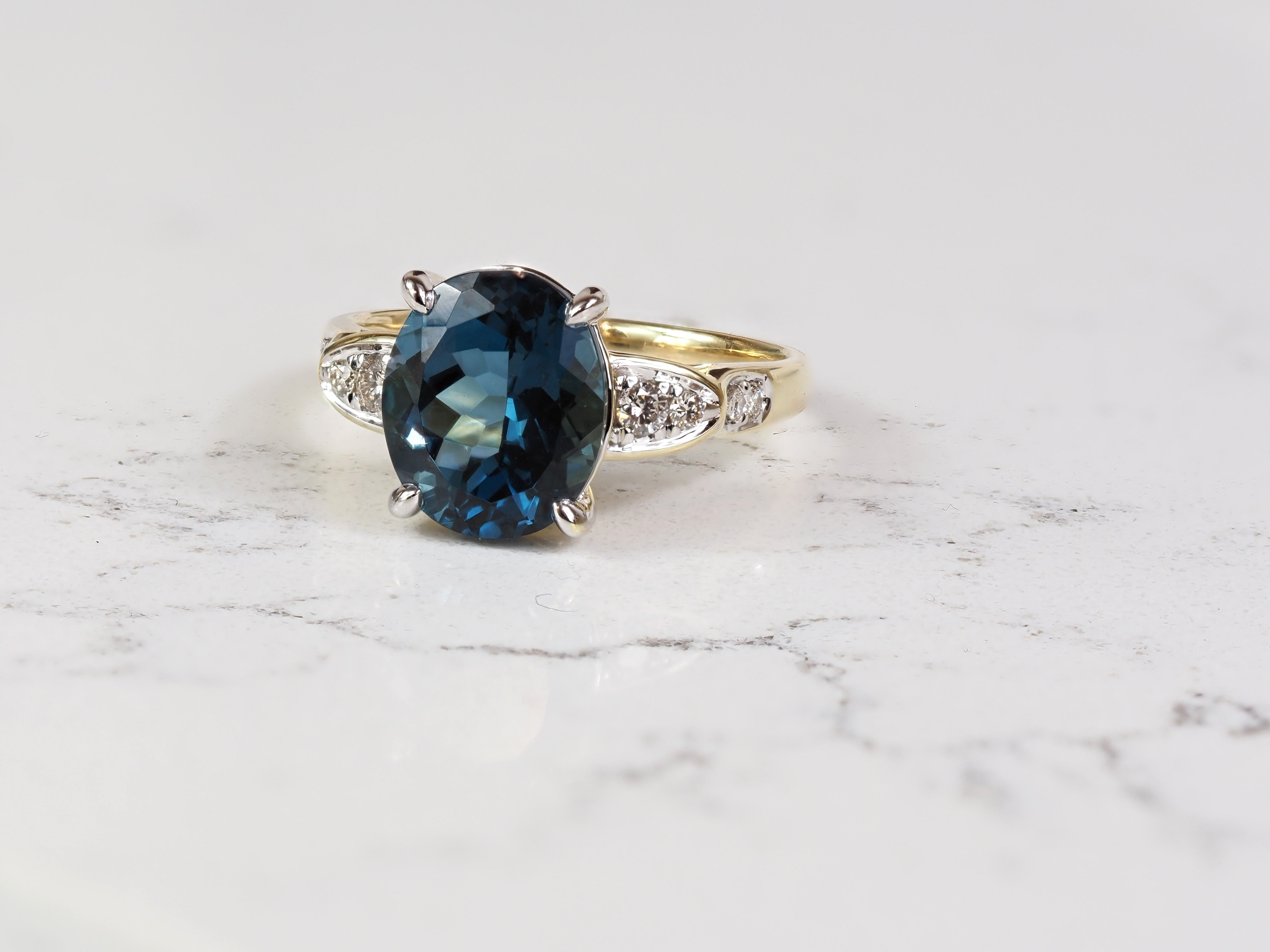 9ct Yellow and White Gold London Blue Topaz and Diamond Ring