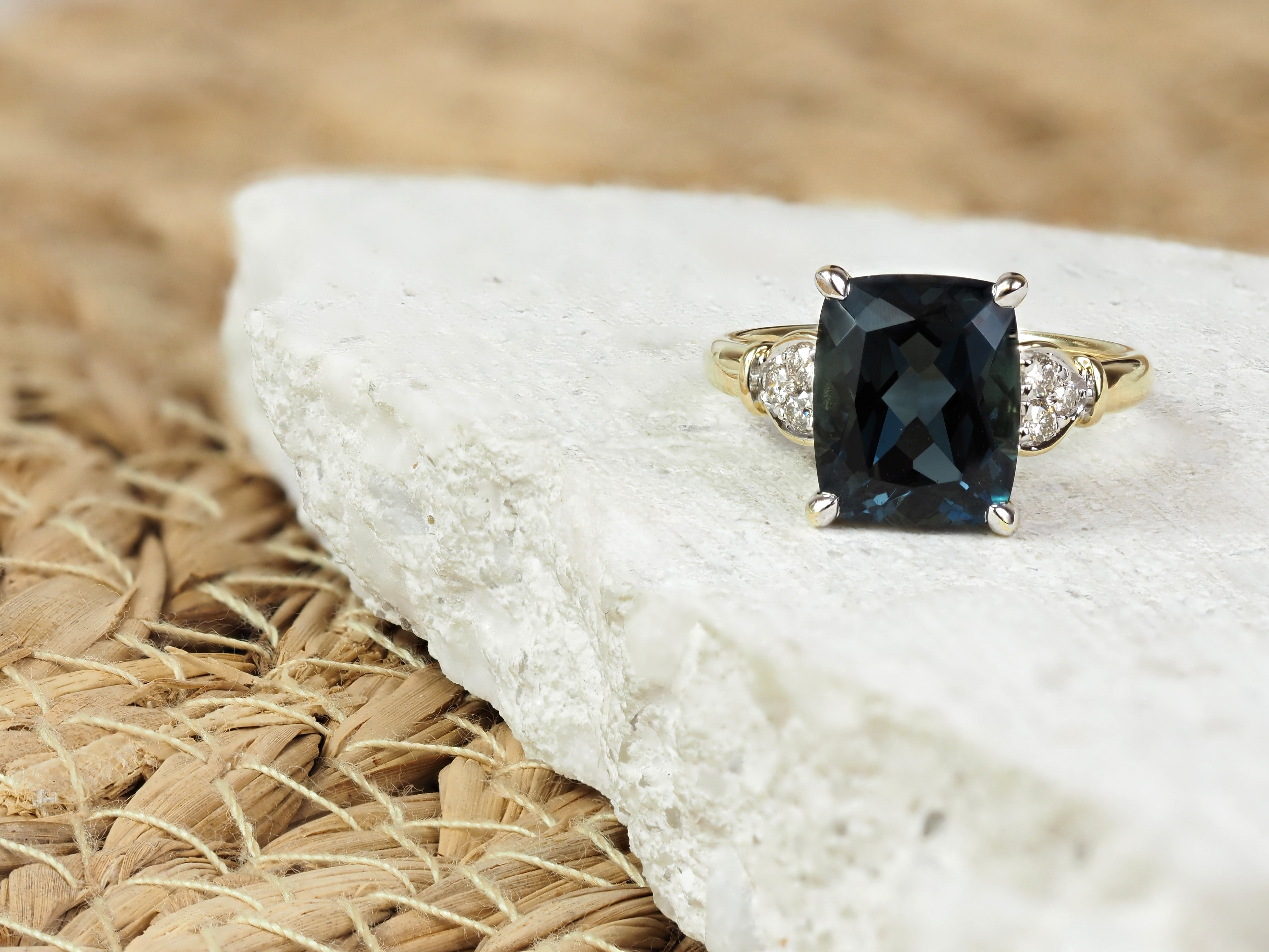 9ct Yellow and White Gold London Blue Topaz and Diamond Ring