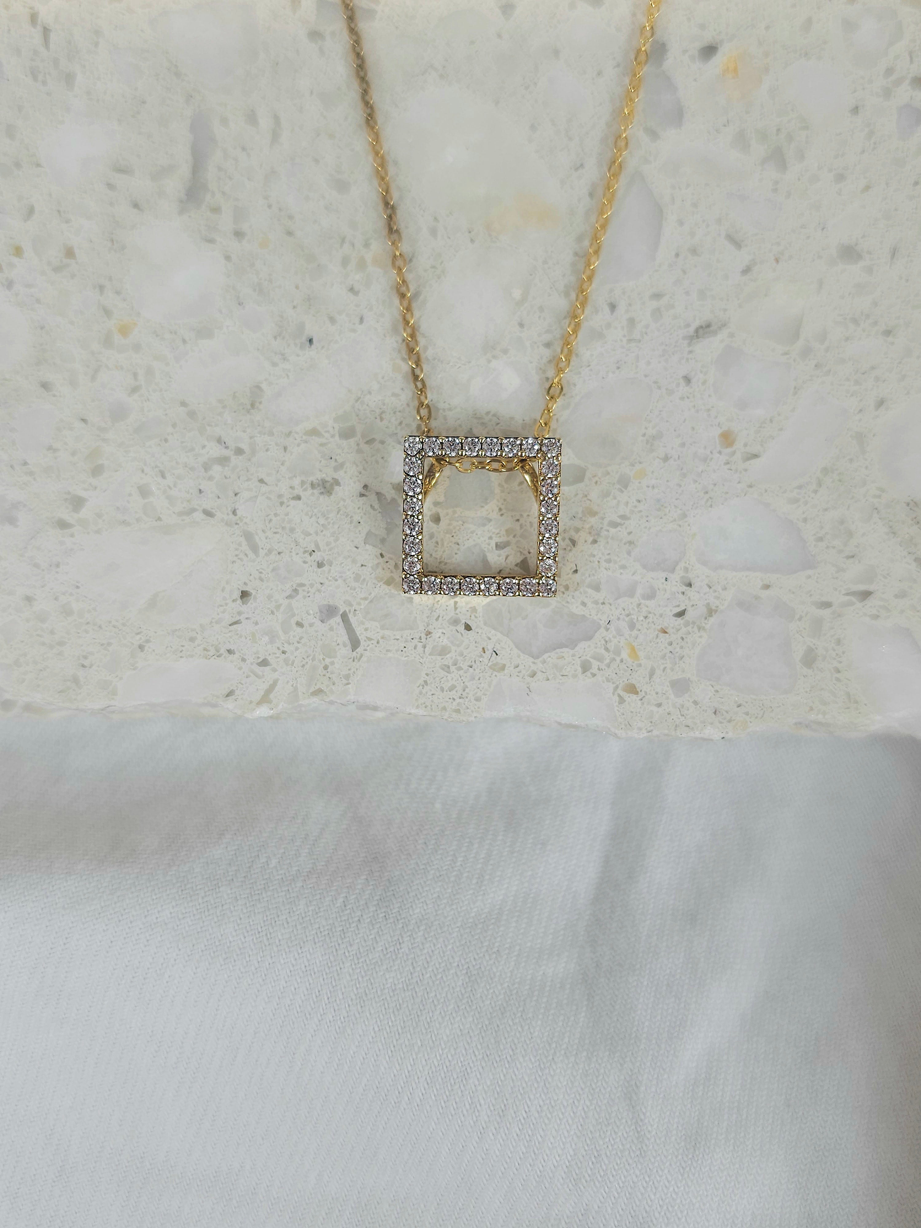 9ct Yellow Gold CZ square pendant necklet