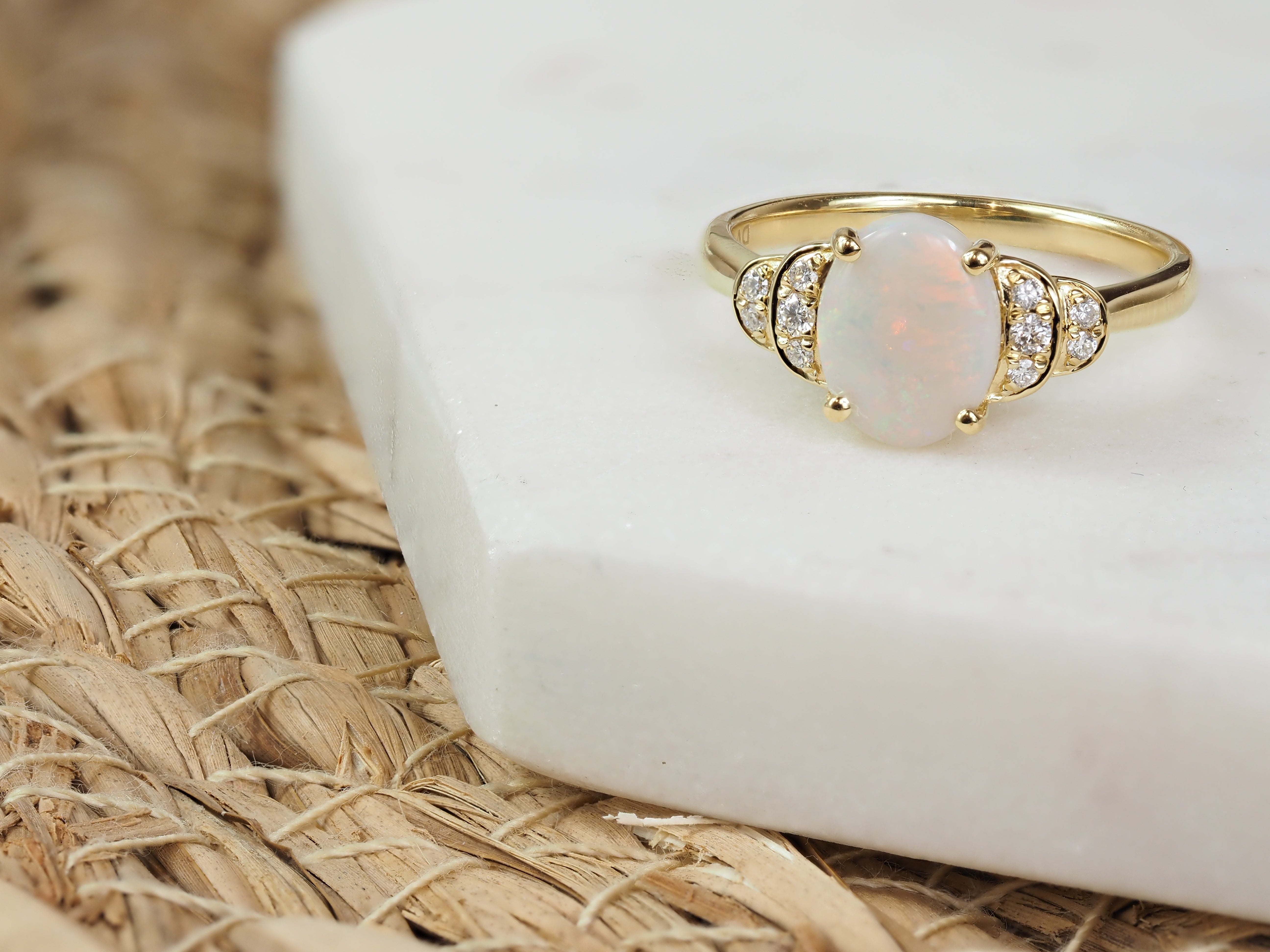 18ct Yellow Gold White Opal and Diamond Ring
