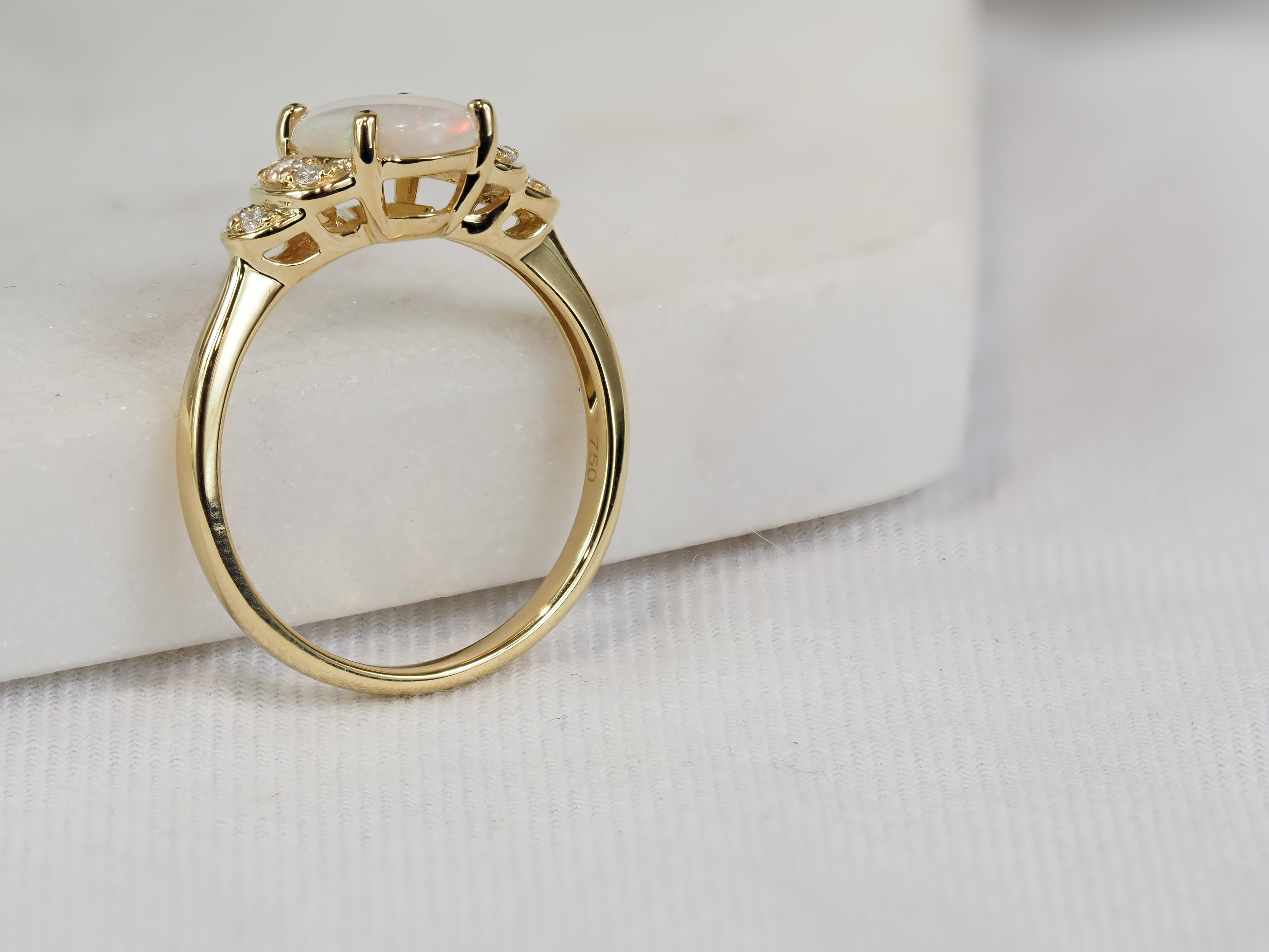 18ct Yellow Gold White Opal and Diamond Ring