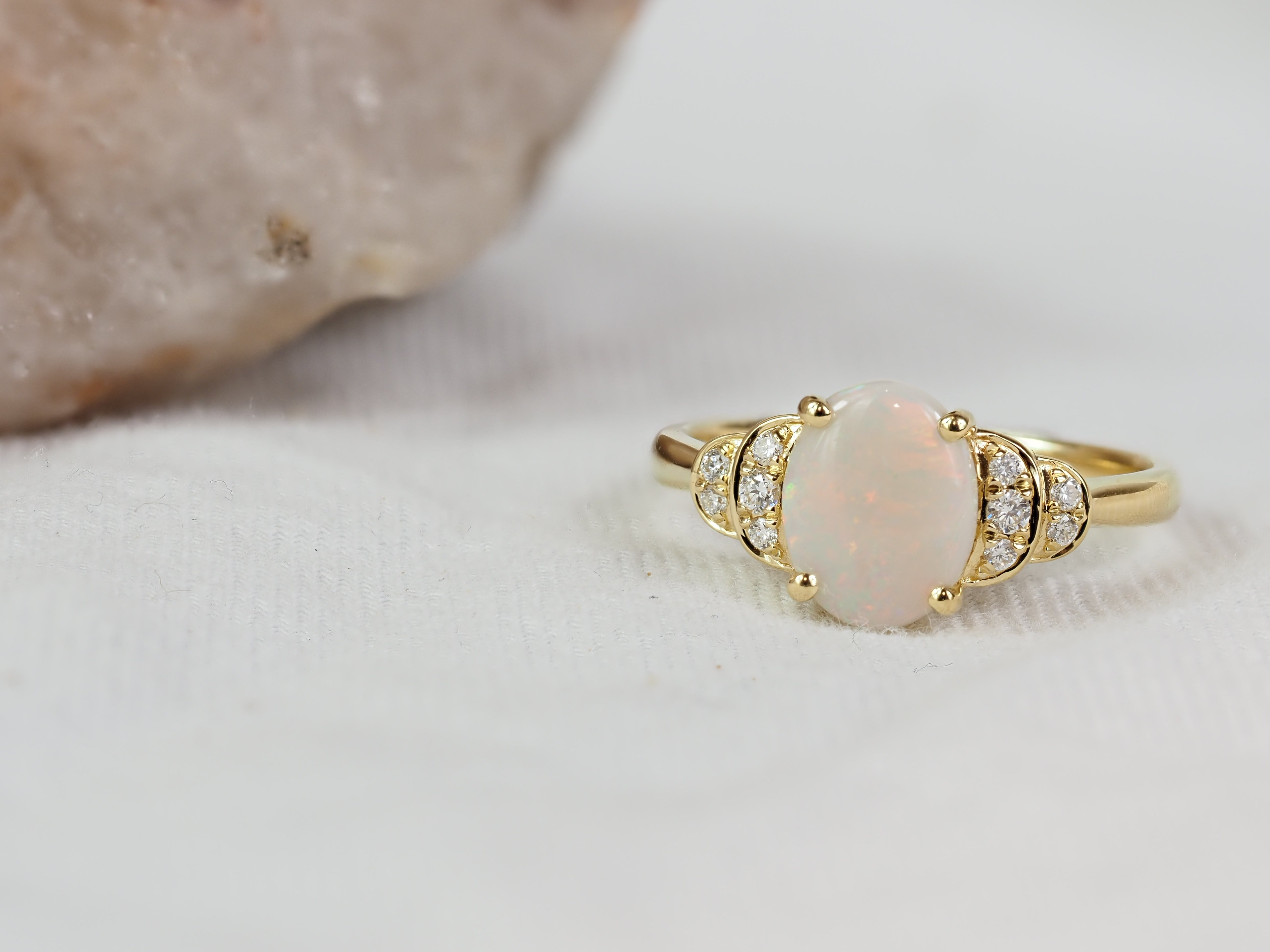 18ct Yellow Gold White Opal and Diamond Ring