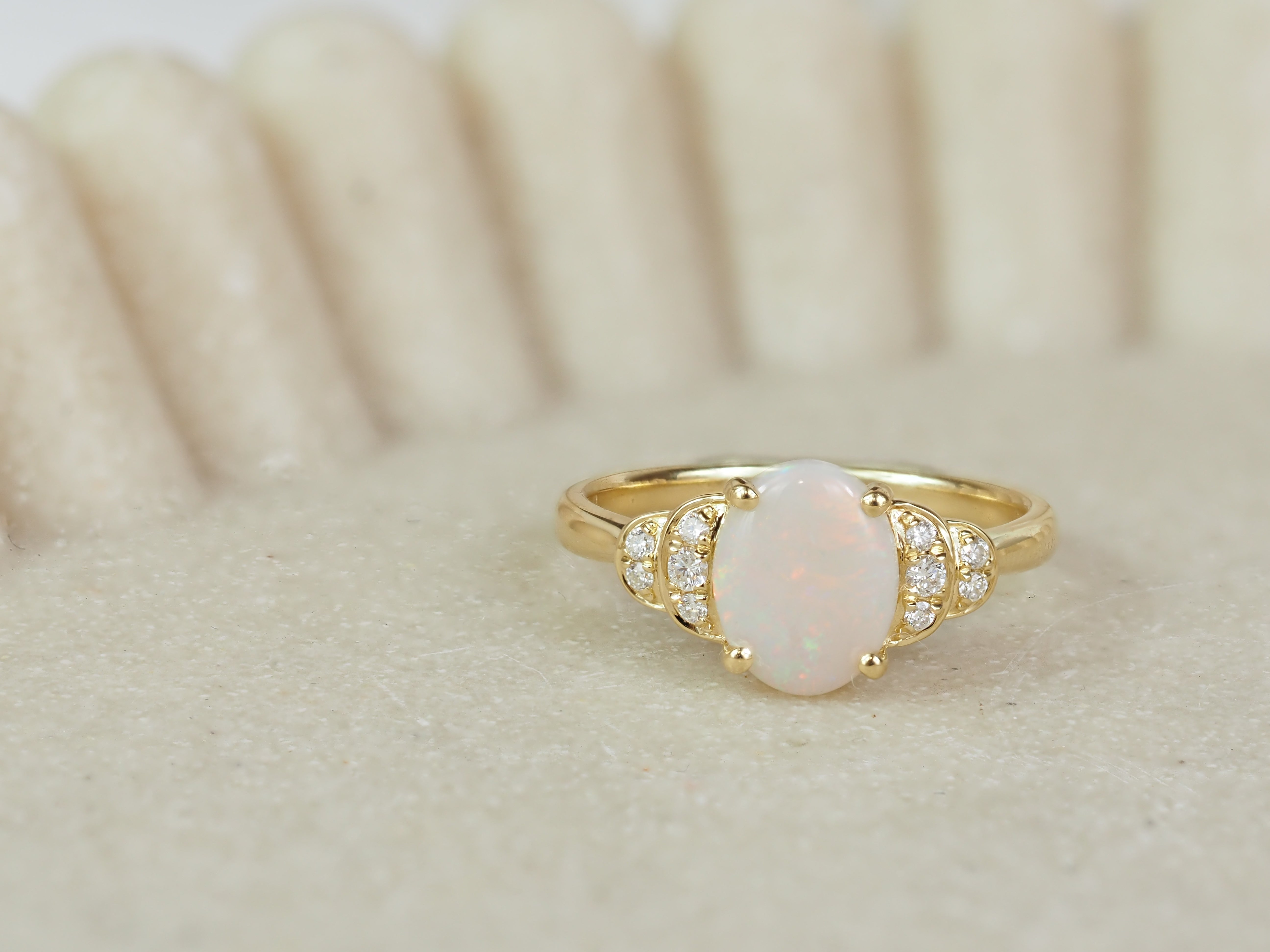 18ct Yellow Gold White Opal and Diamond Ring