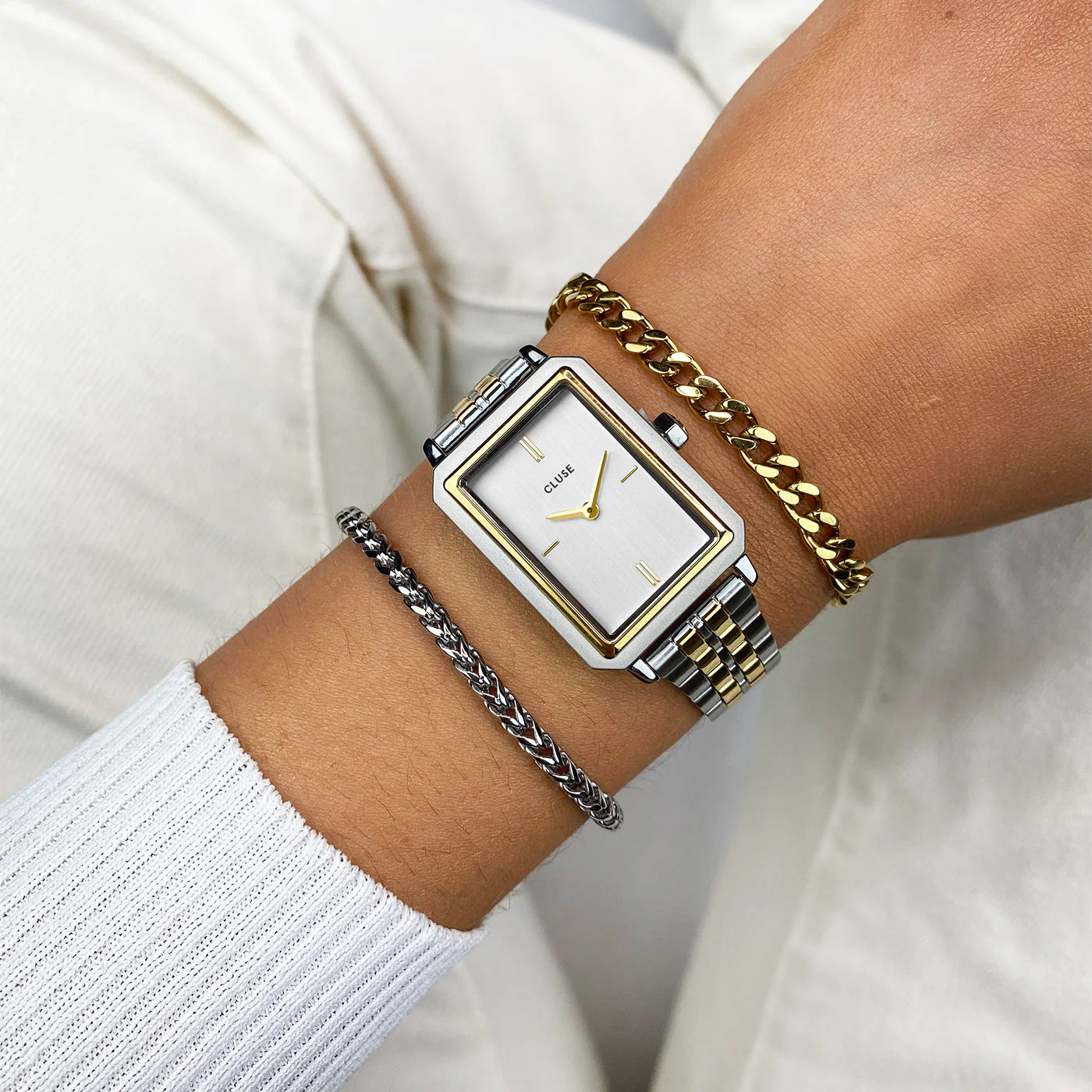 Cluse Fluette Rectangular Silver and Gold Watch, CW11510