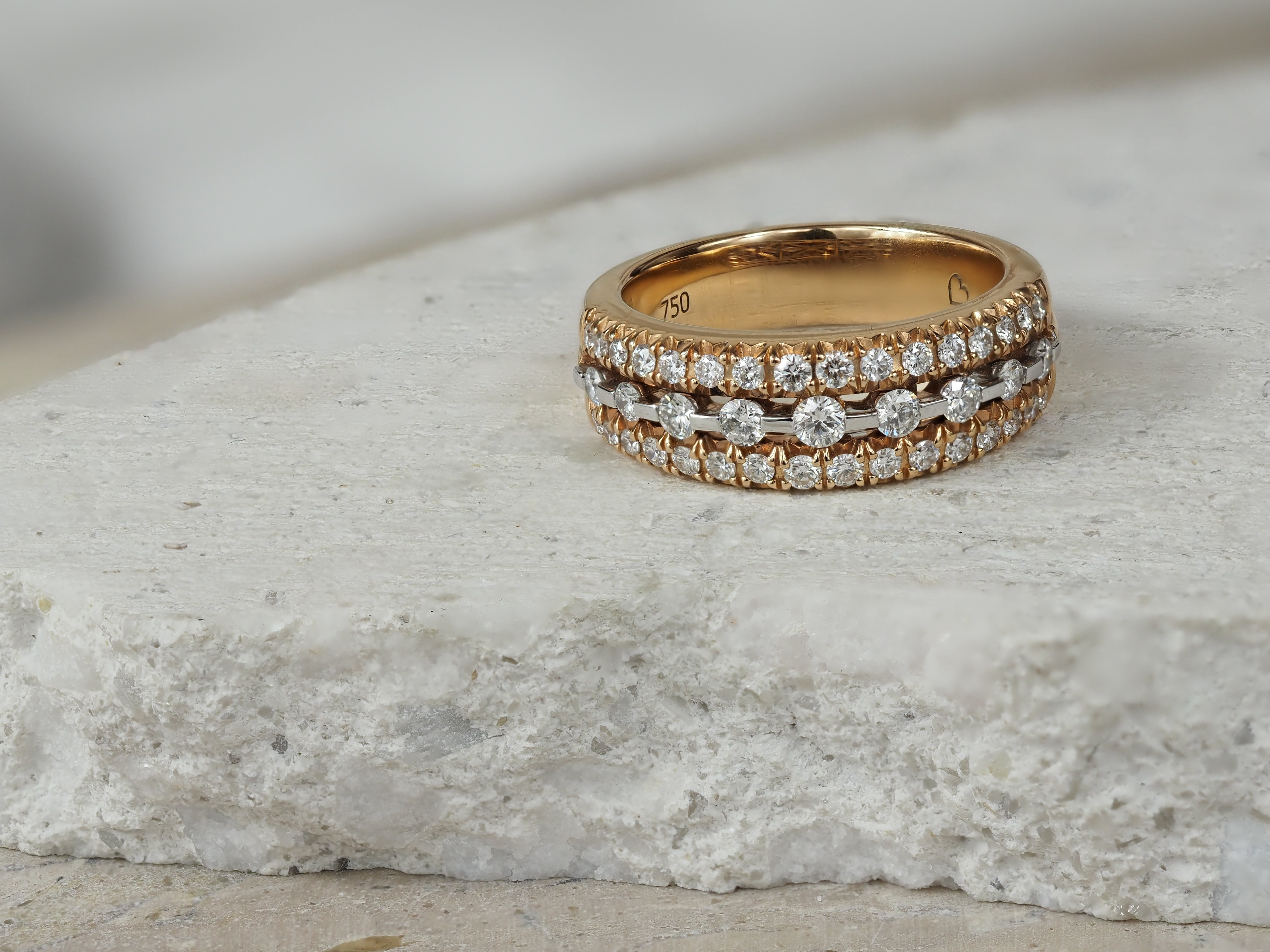 18ct Rose and White Gold 3 Row Diamond Ring, 0.75ct Total