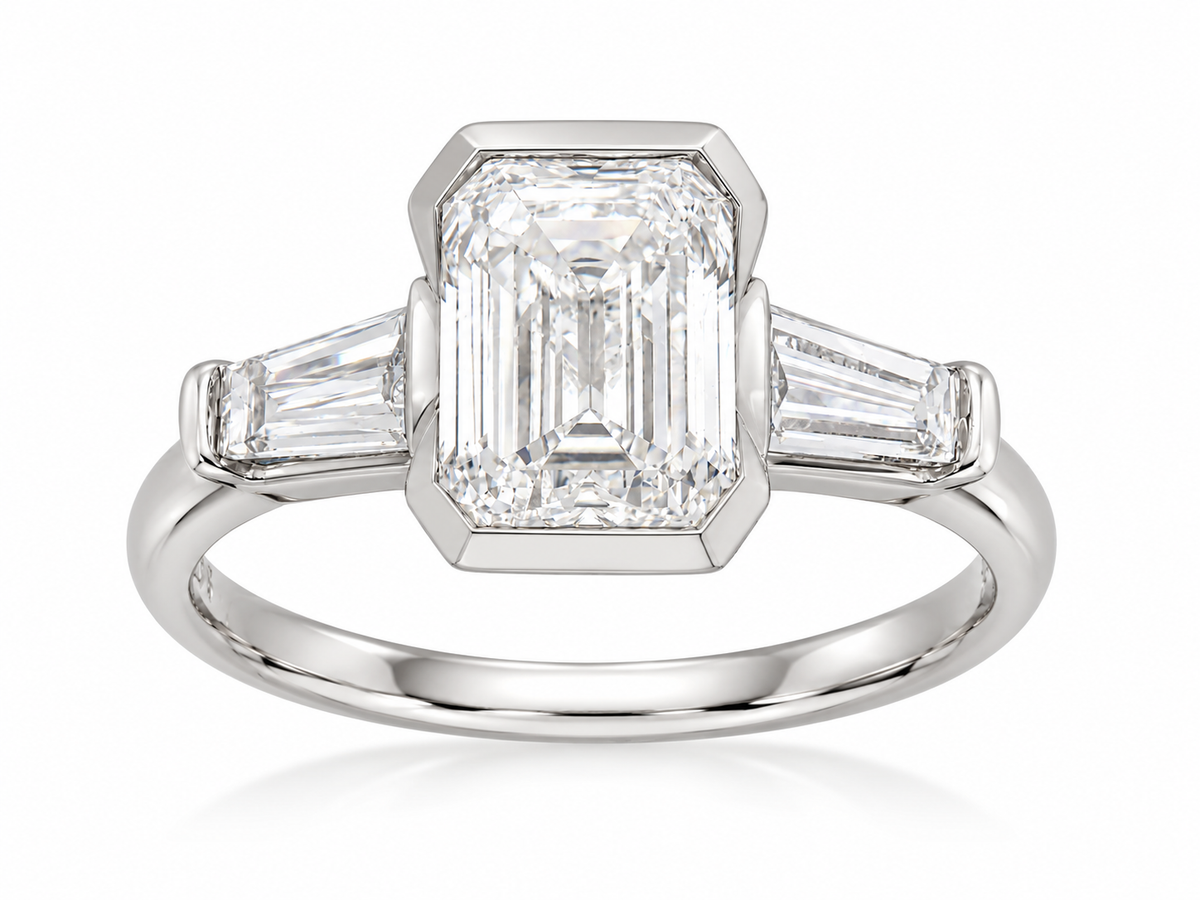 14ct White Gold Emerald and Baguette Lab-Grown Diamond Ring, 2.04ct Centre