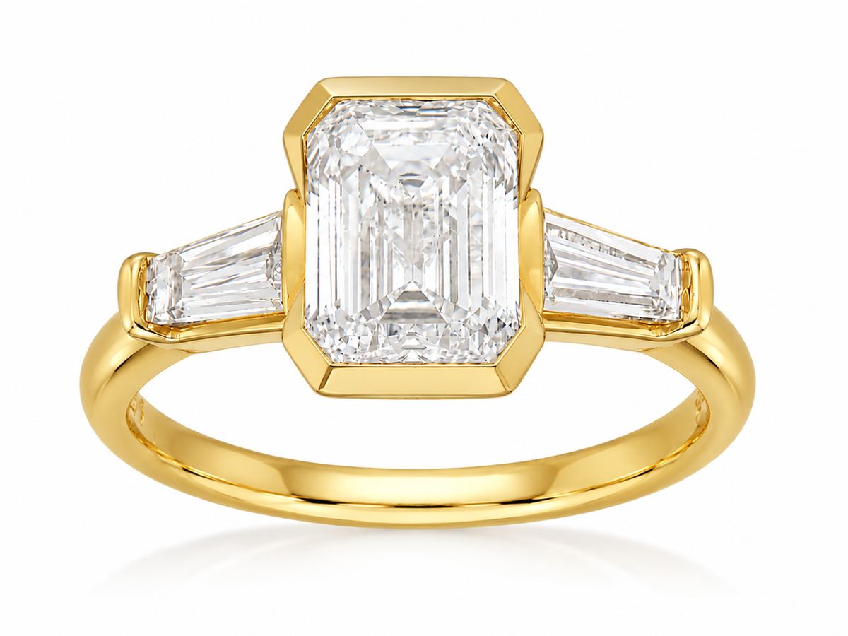 14ct Yellow Gold Emerald and Baguette Lab-Grown Diamond Ring, 2.06ct Centre