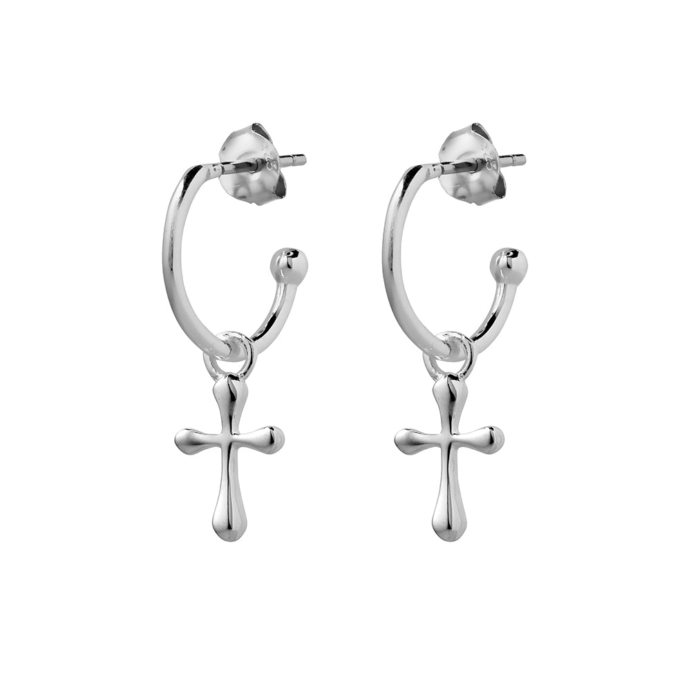 Solv Sterling Silver Half Hoop Earrings with Crosses