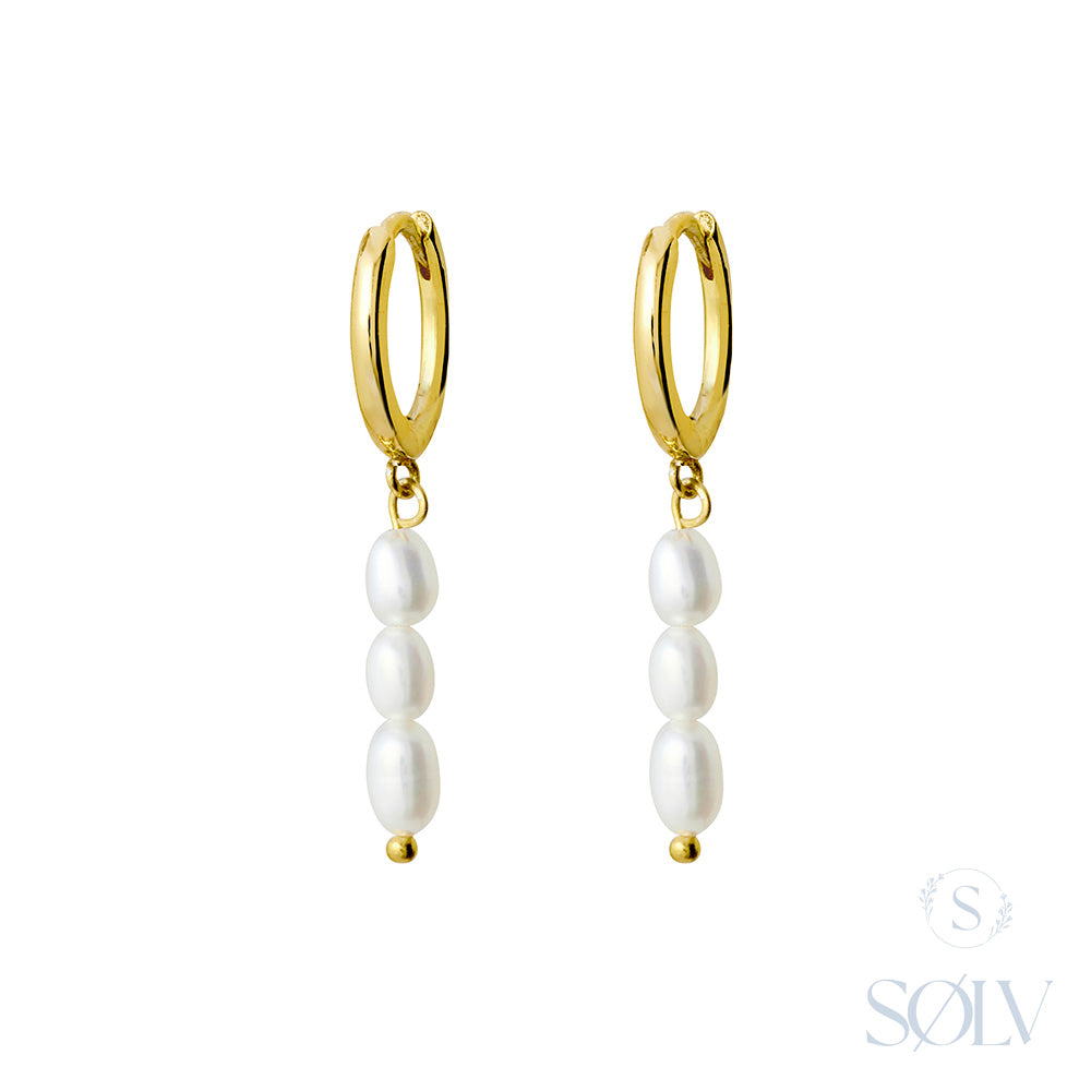 Solv Sterling Silver Gold Plated Freshwater Pearl Drop Huggie Earrings