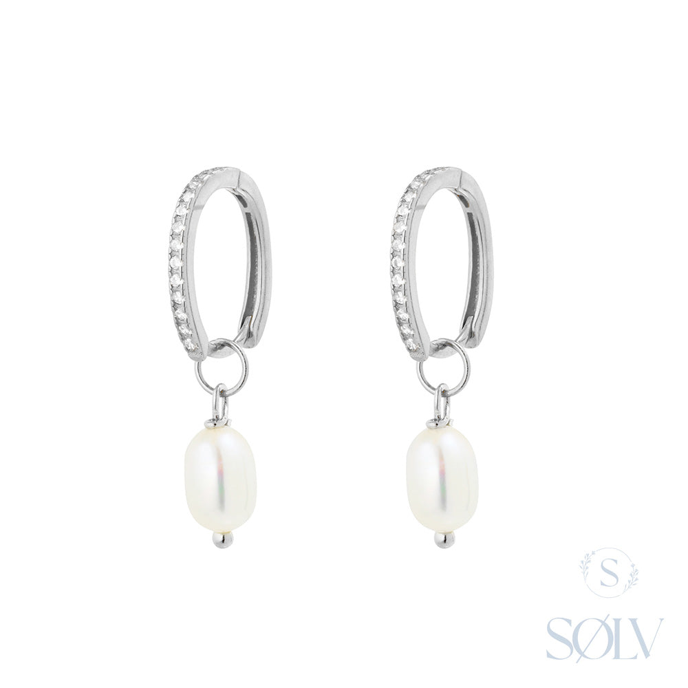 Solv Sterling Silver Pearl Drop Huggie Earrings