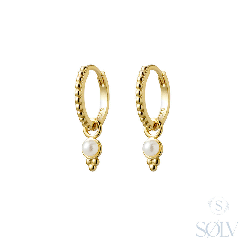 Solv Sterling Silver Gold Plated Patterned Huggie Earrings with Freshwater Pearl Drop