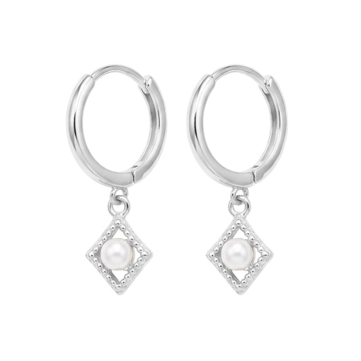 Solv Sterling Silver Pearl Huggie Drop Earrings