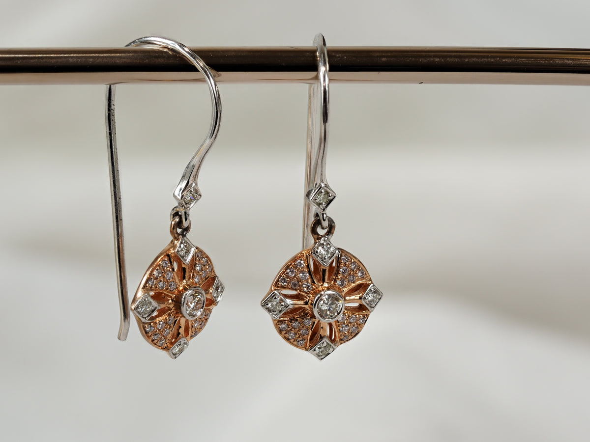 9ct Rose and White gold 'Pink Caviar' Argyle Diamond Shepherd hook earrings, 0.25ct total