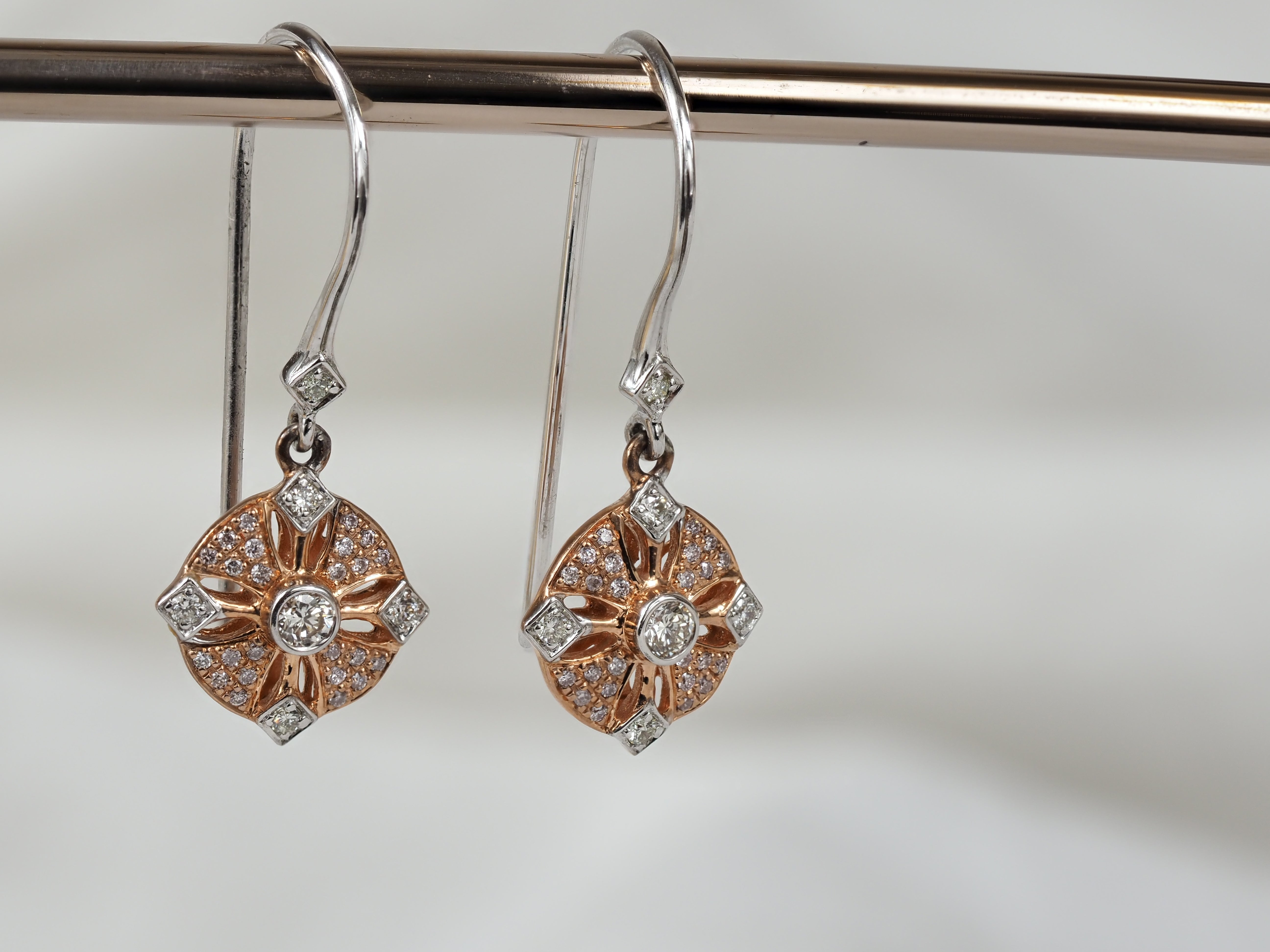 9ct Rose and White gold 'Pink Caviar' Argyle Diamond Shepard hook earrings, 0.25ct total
