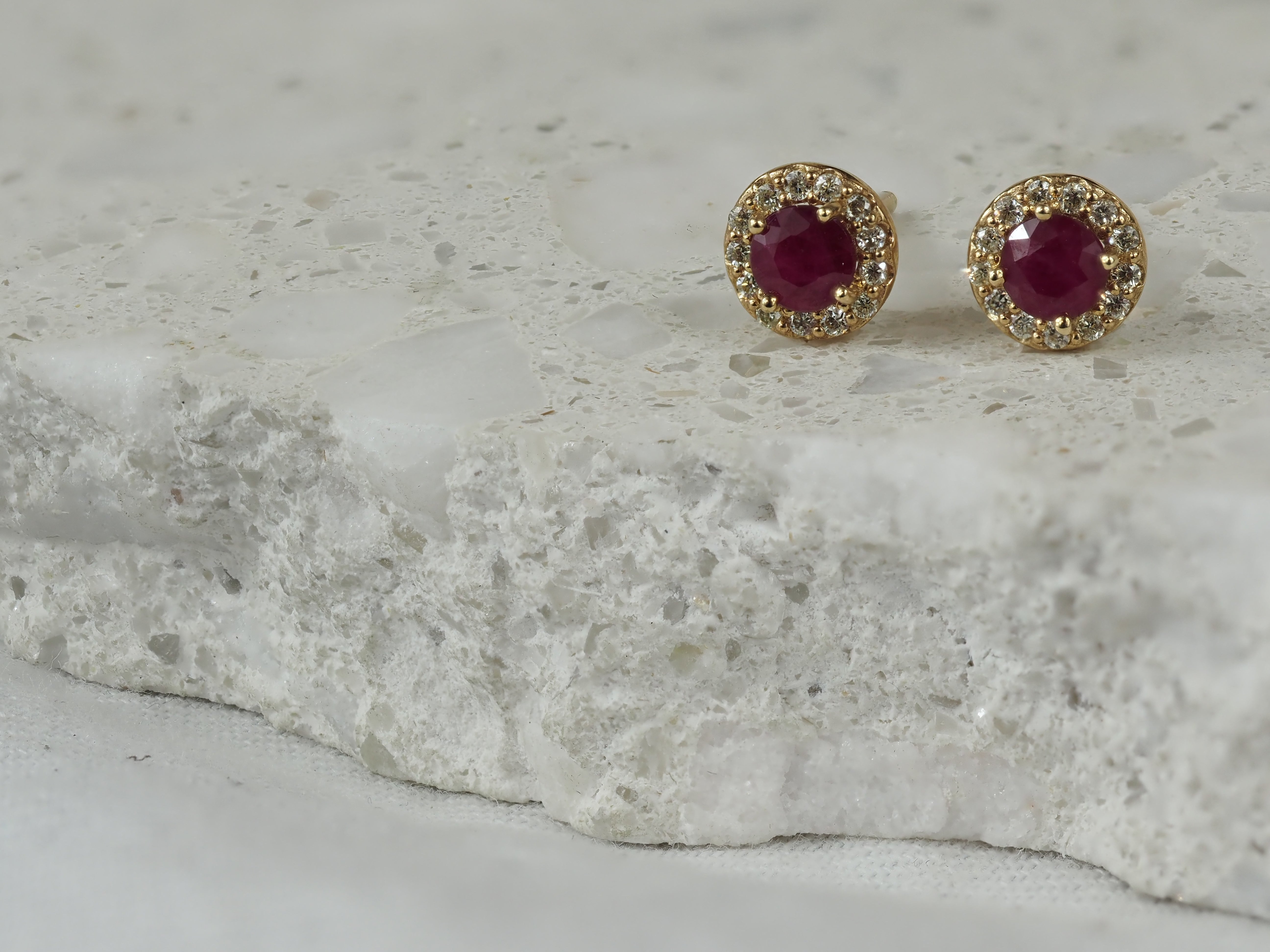 9ct Yellow Gold Ruby and Diamond Stud Earrings